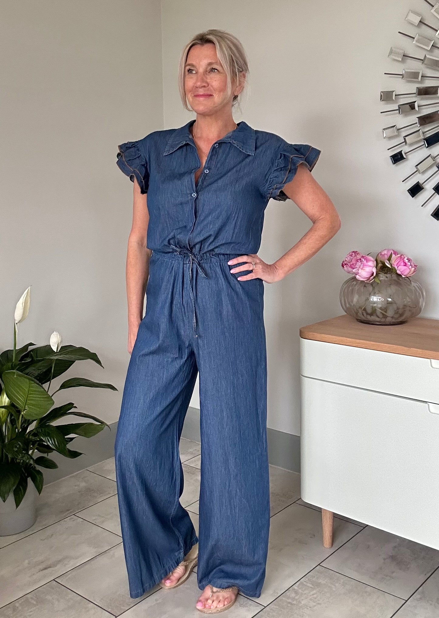 Chambray Denim Frill Sleeve Jumpsuit
