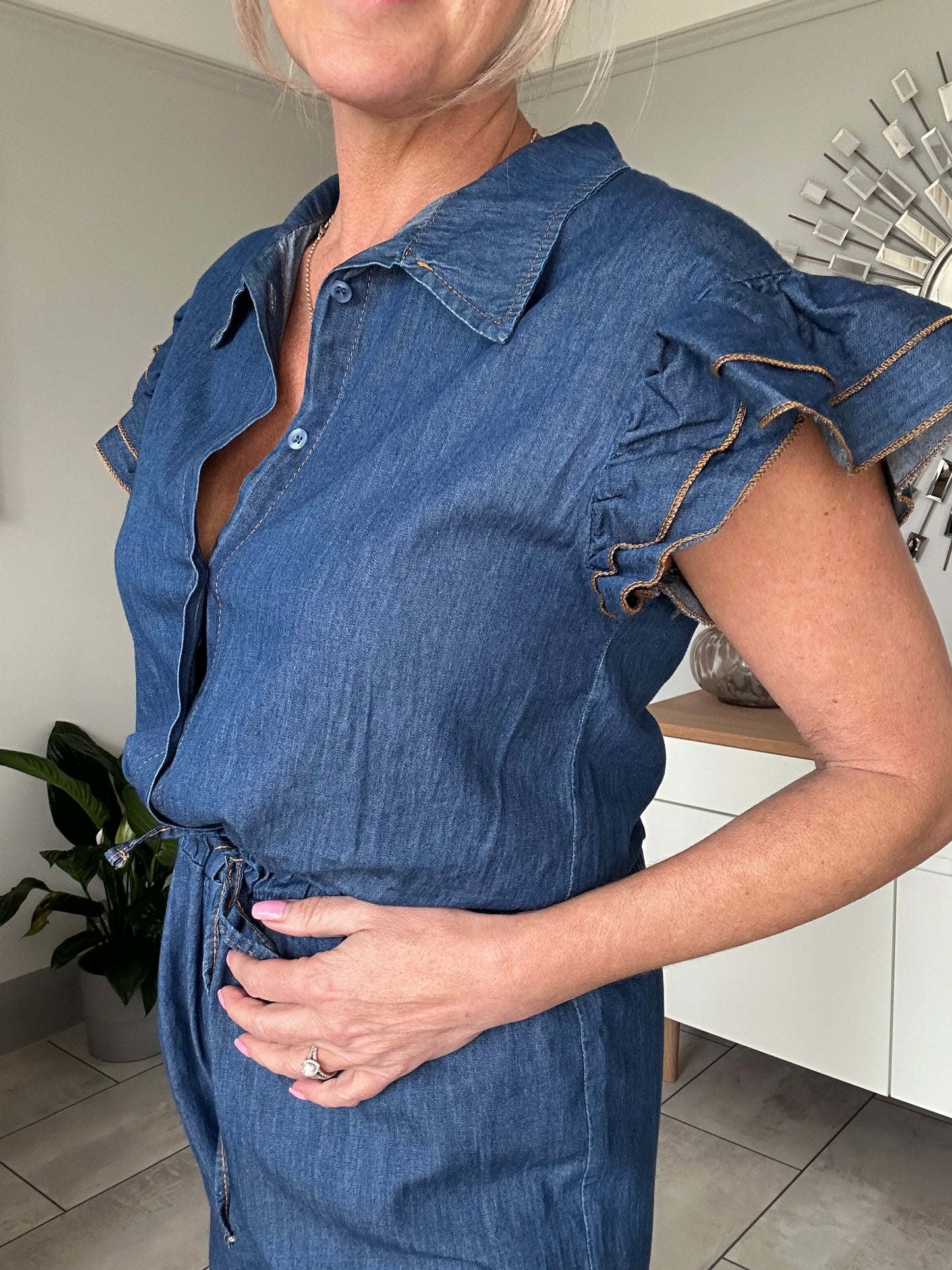Chambray Denim Frill Sleeve Jumpsuit