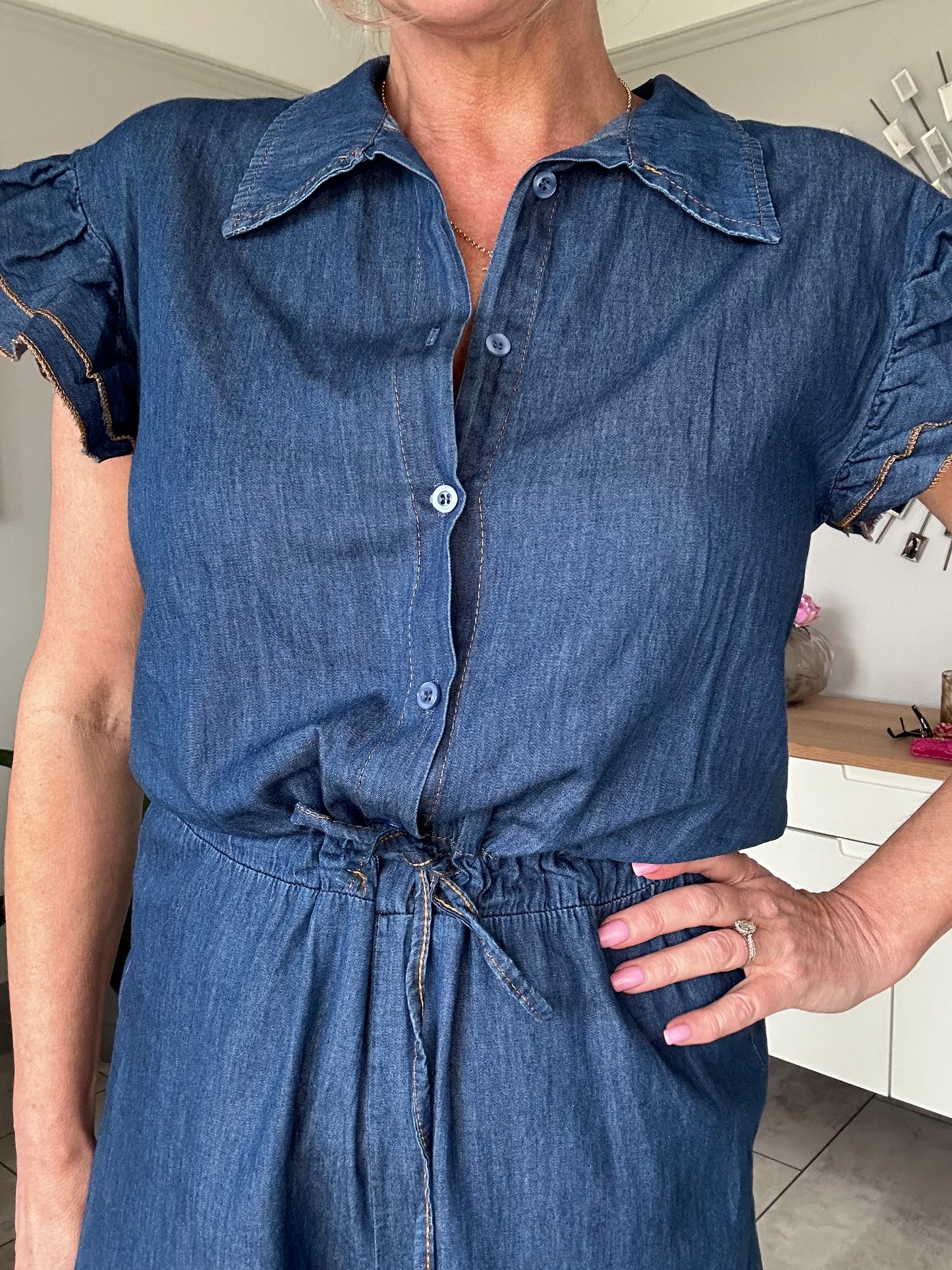 Chambray Denim Frill Sleeve Jumpsuit