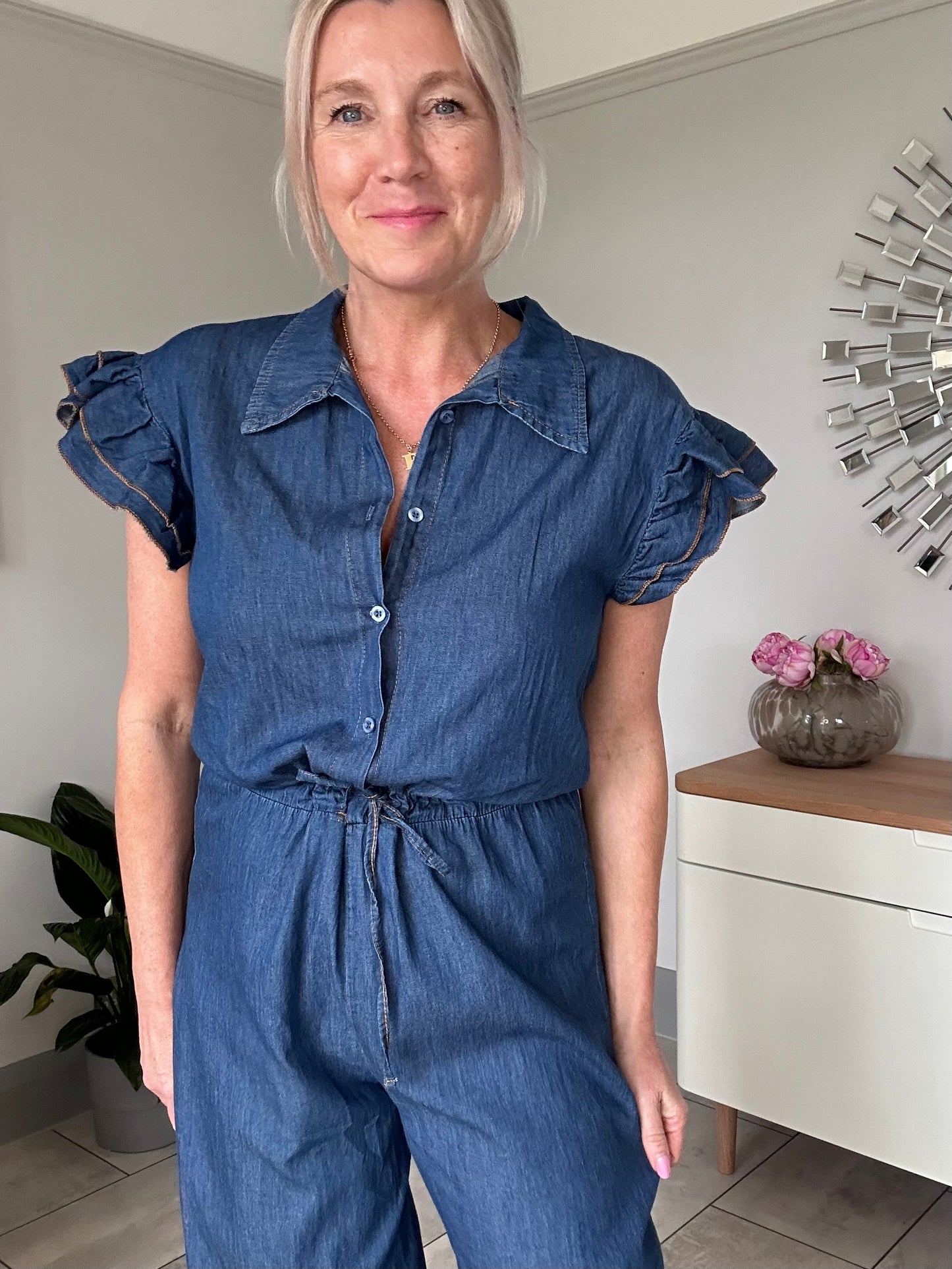 Chambray Denim Frill Sleeve Jumpsuit