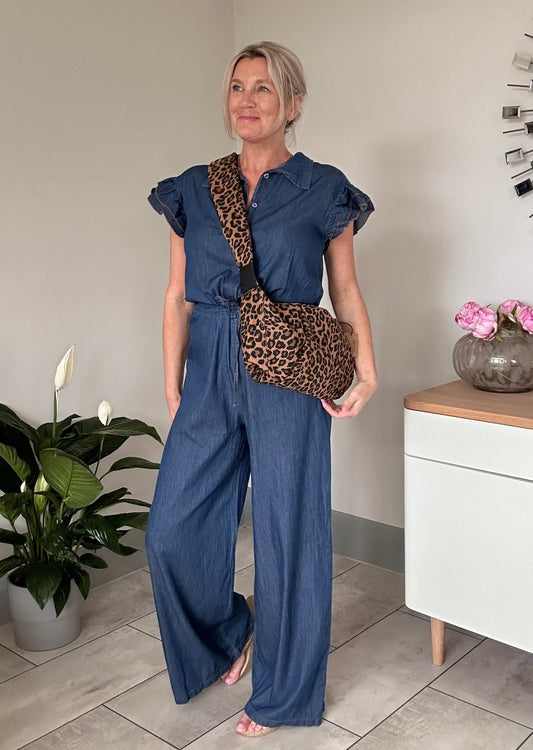 Chambray Denim Frill Sleeve Jumpsuit