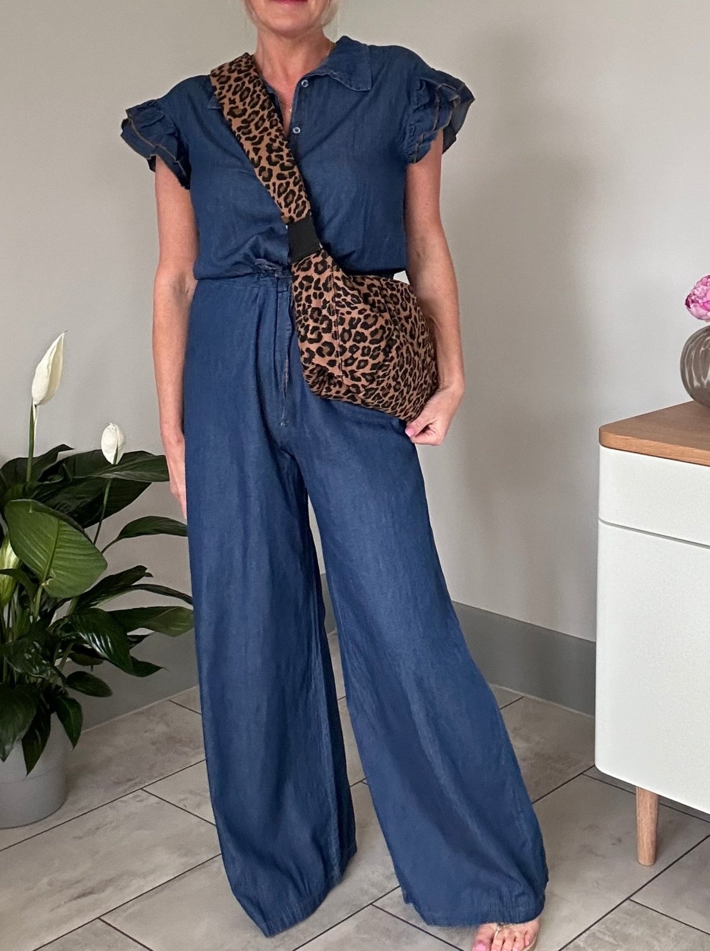 Chambray Denim Frill Sleeve Jumpsuit