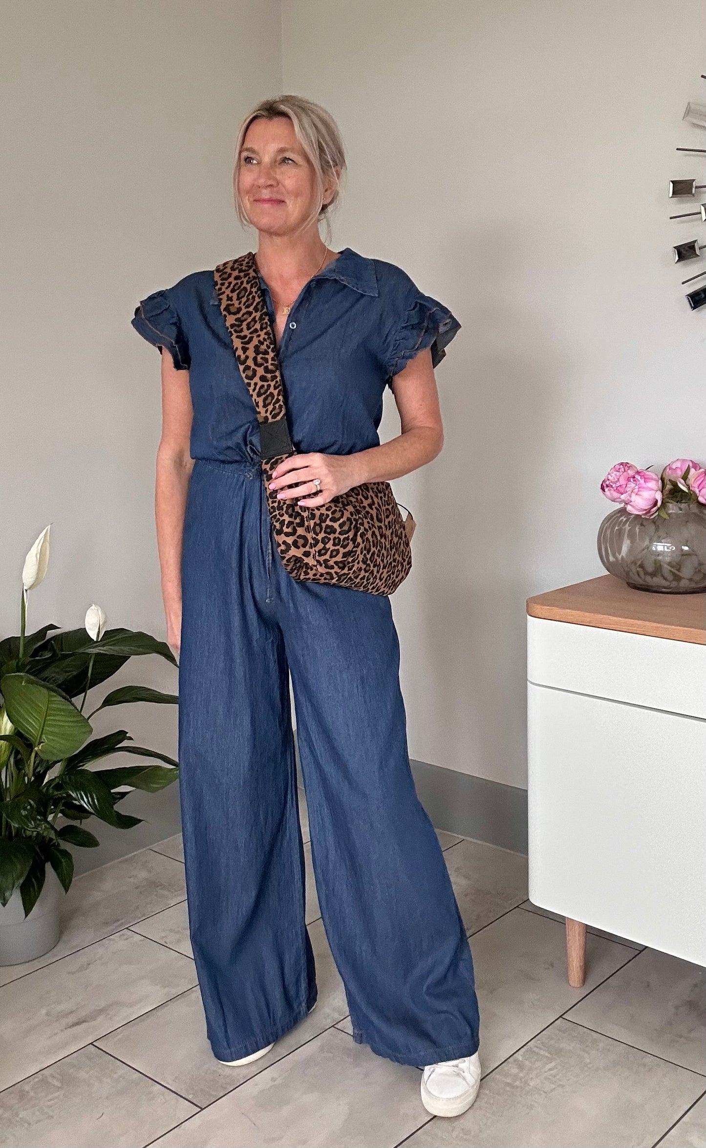 Chambray Denim Frill Sleeve Jumpsuit