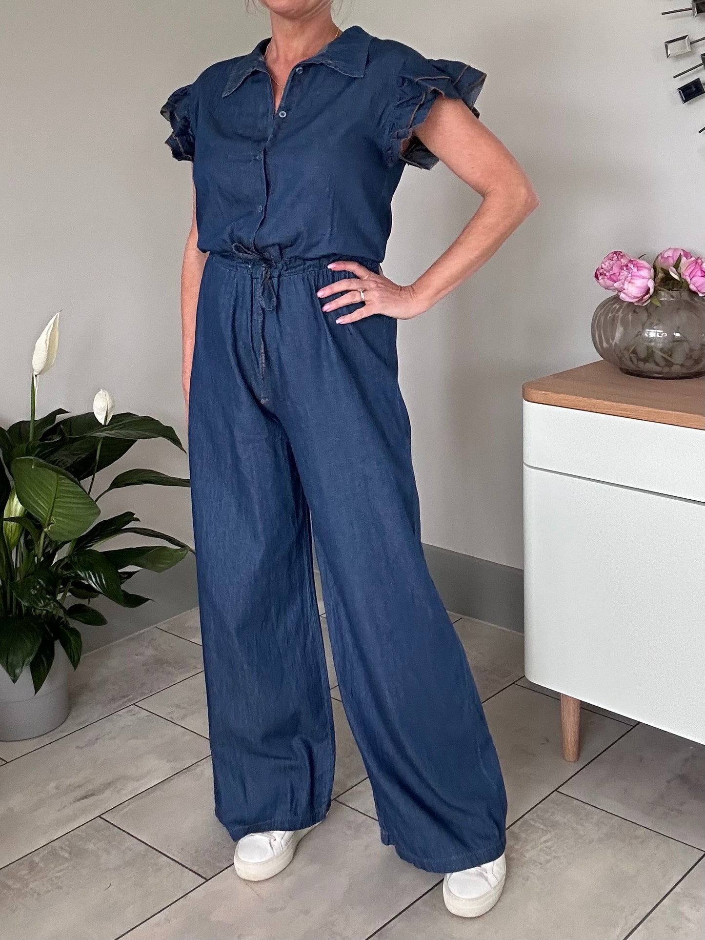 Chambray Denim Frill Sleeve Jumpsuit