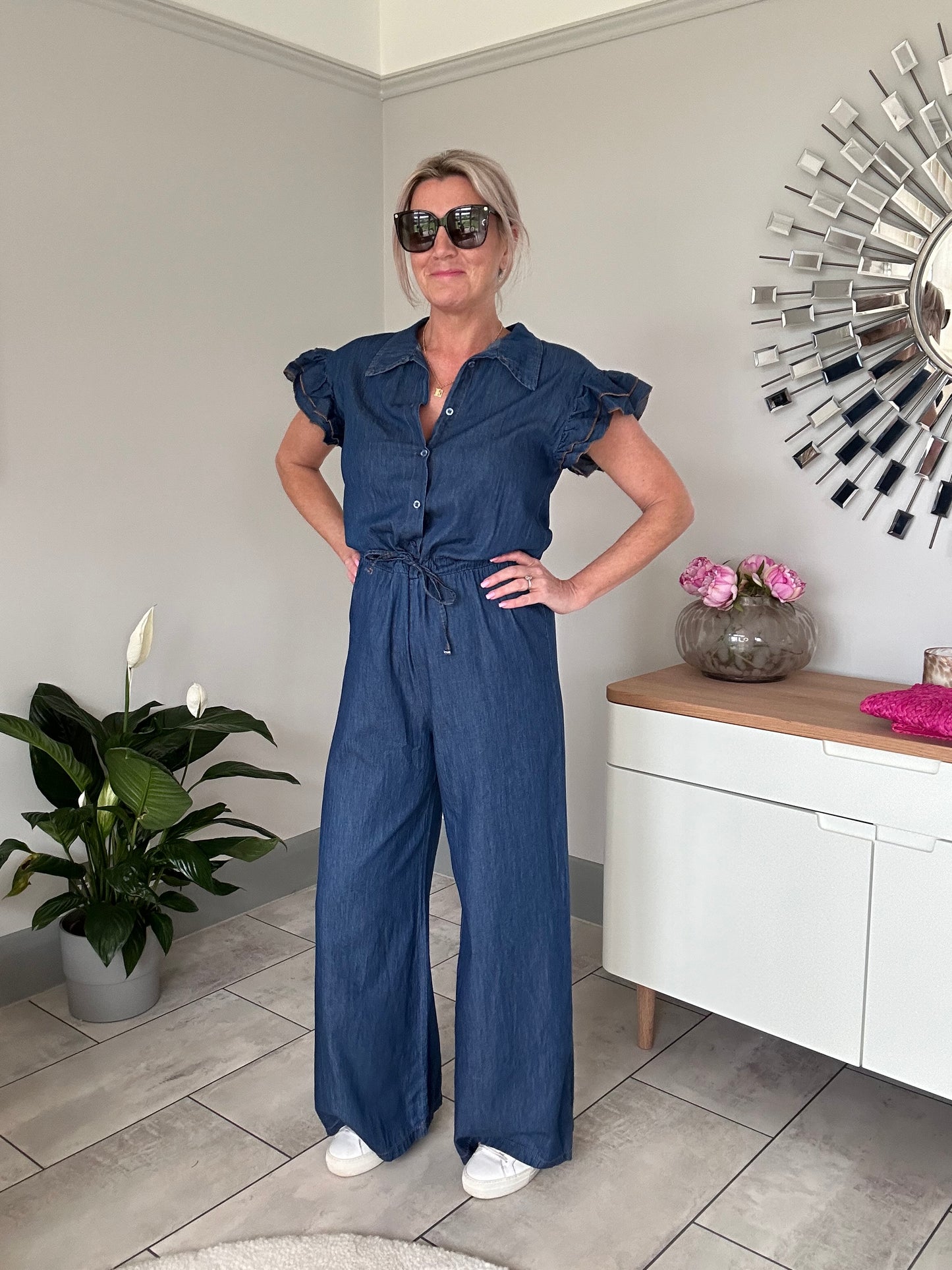 Chambray Denim Frill Sleeve Jumpsuit
