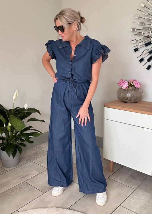 Chambray Denim Frill Sleeve Jumpsuit