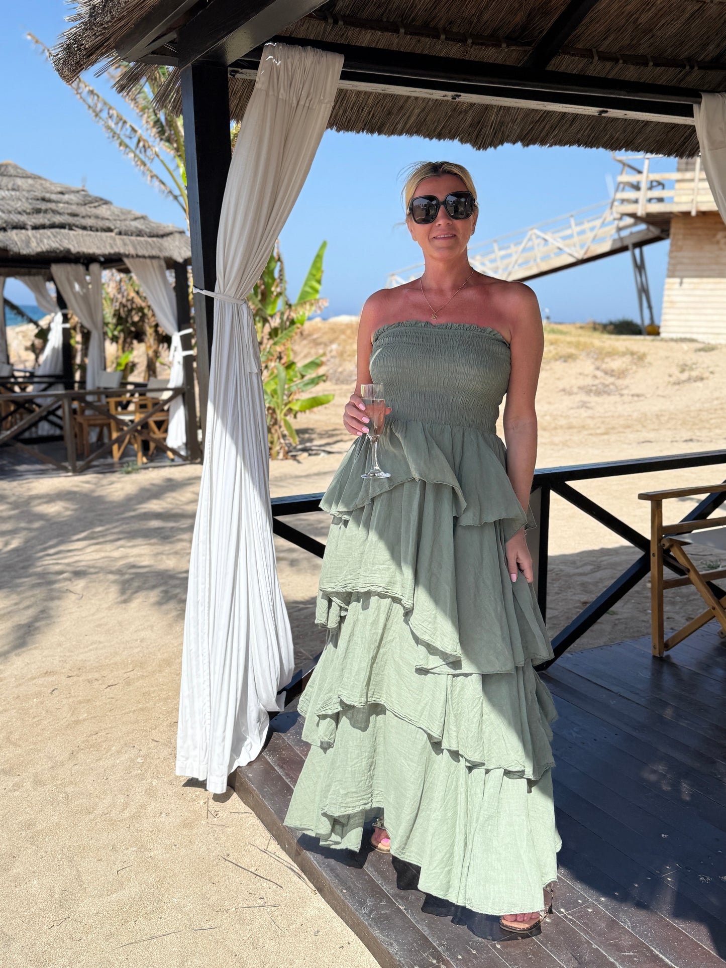 Khaki Ruffle Bandeau Dress