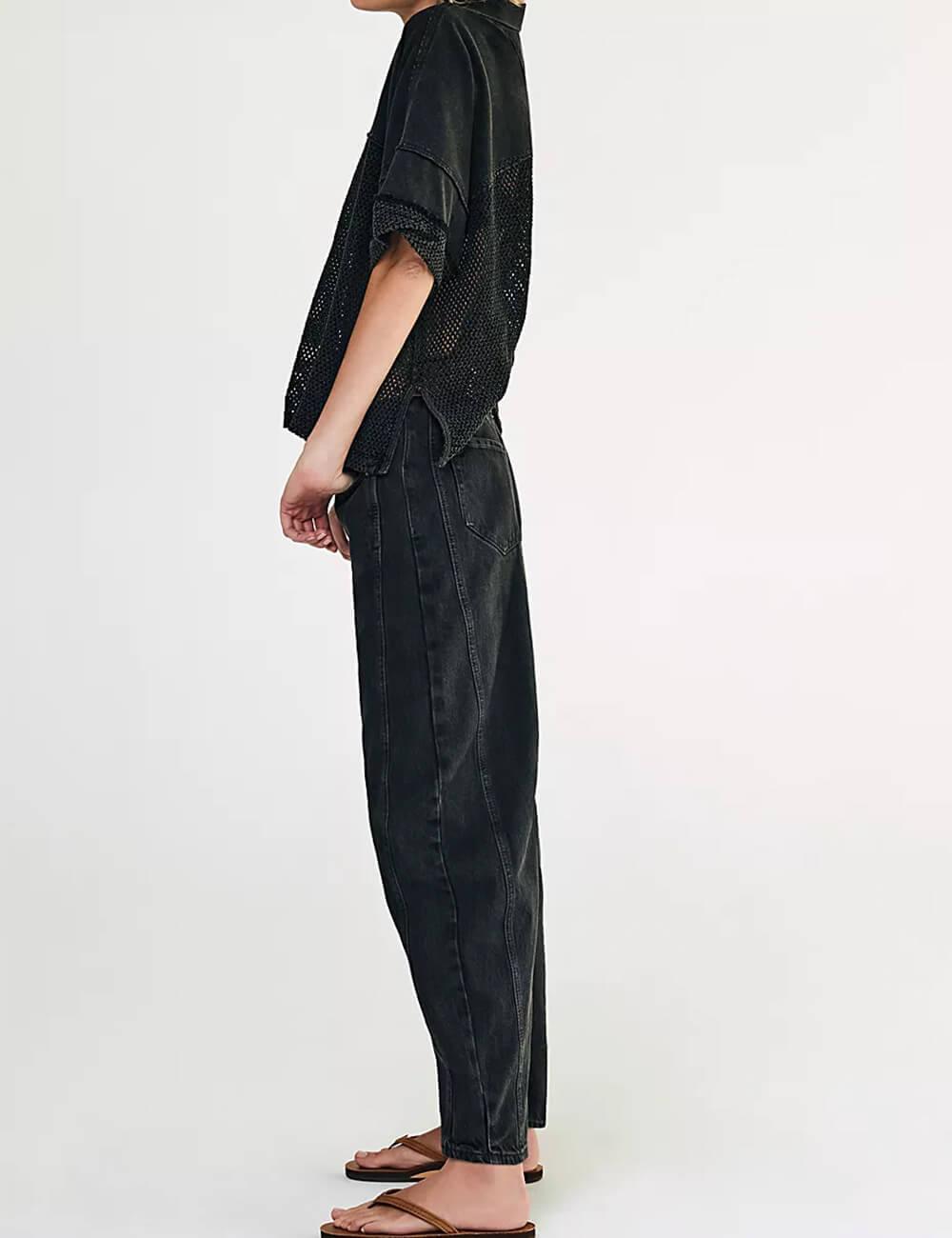 Black Mid Rise Wide Leg Barrel Jeans