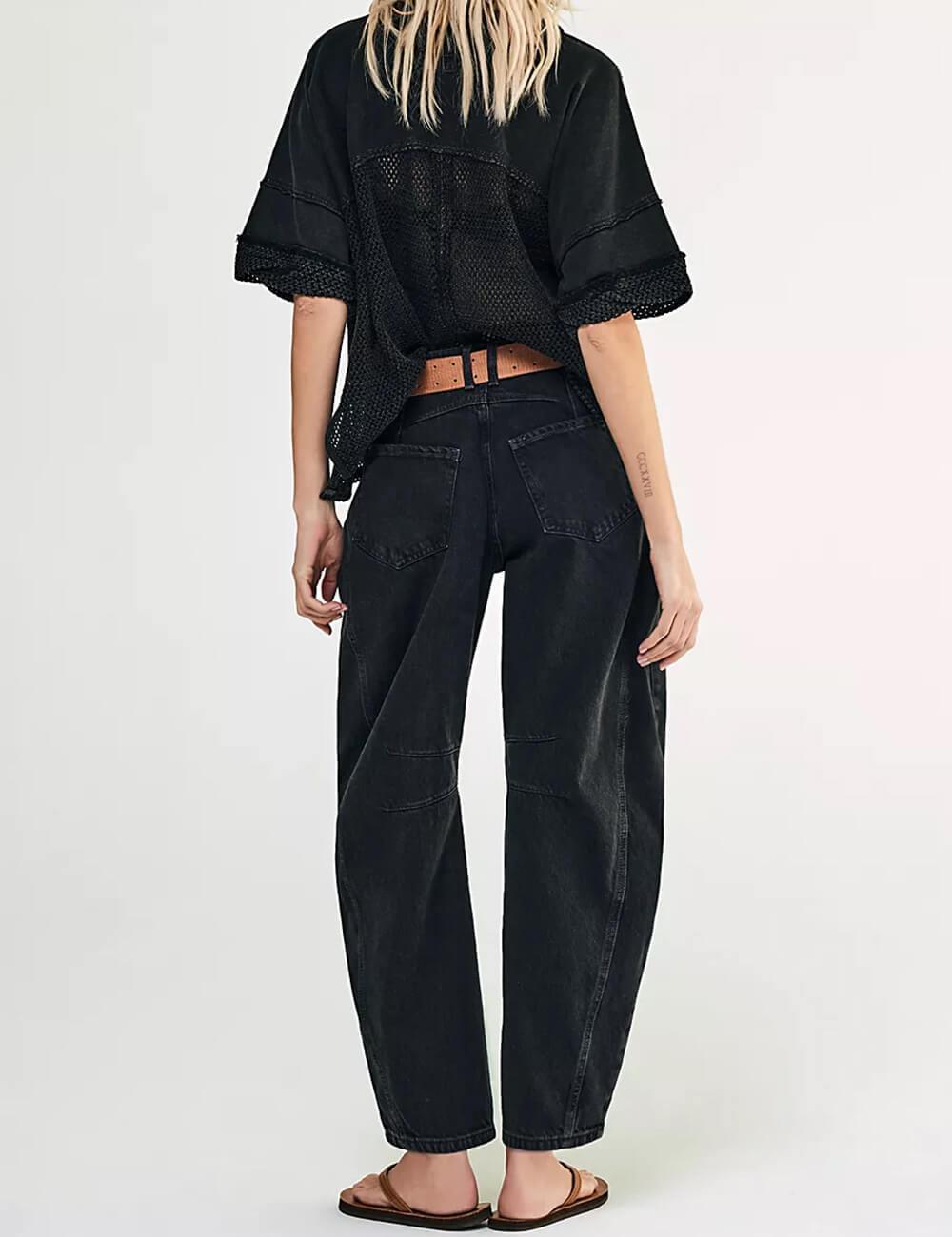 Black Mid Rise Wide Leg Barrel Jeans