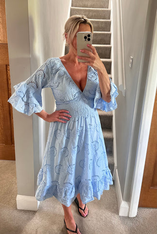 Baby Blue Broderie Anglaise Midi Dress