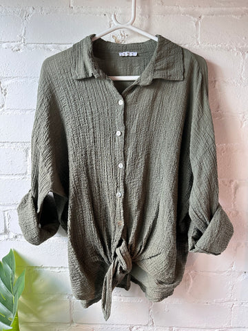 Khaki Tie Front Cheesecloth Shirt