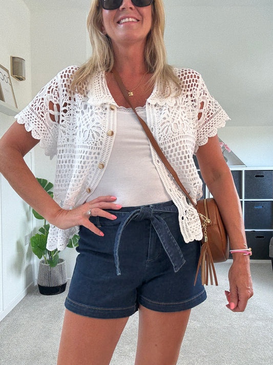 Madison Dark Blue Tie Belt Denim Shorts