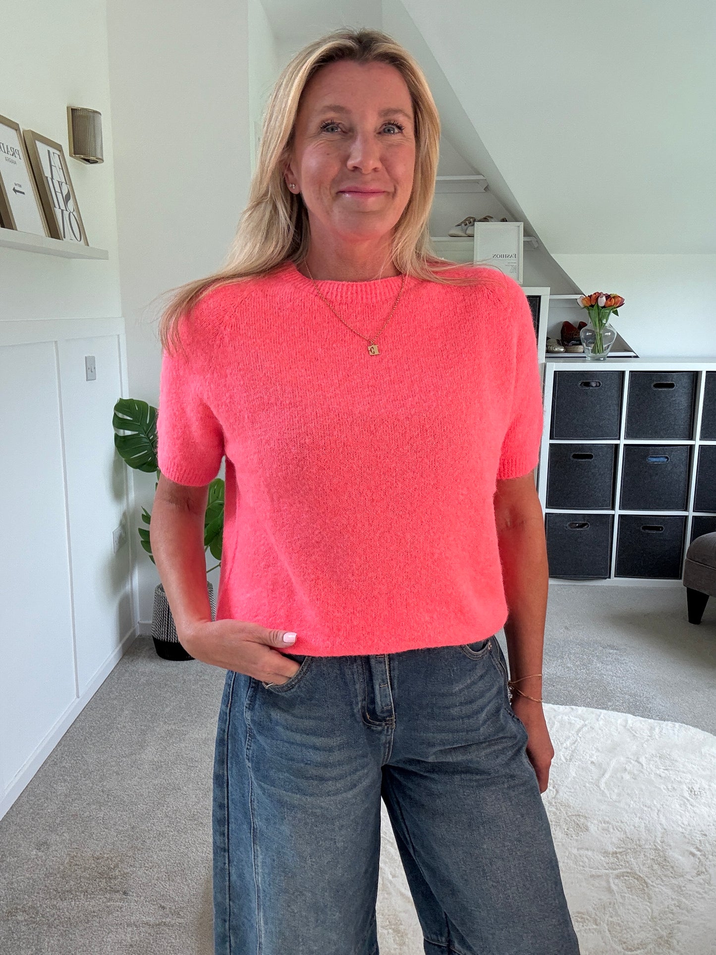 Neon Coral Fluffy S/S Jumper
