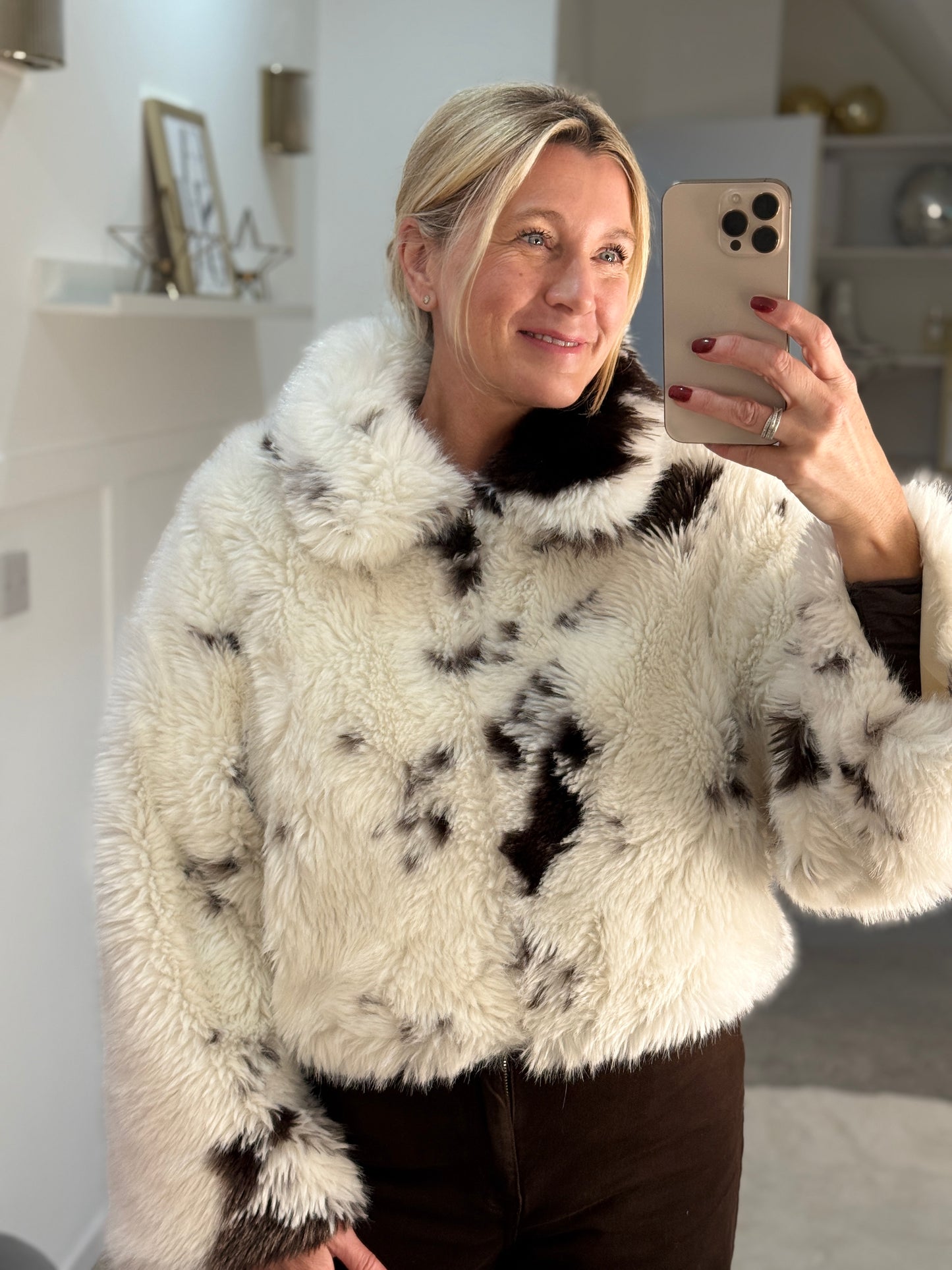 Cow Print Faux Fur Cropped Jacket