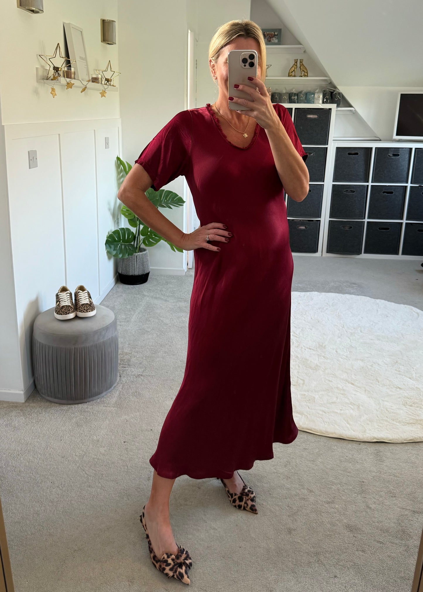 Silver Short Sleeve Satin Slip Dress
