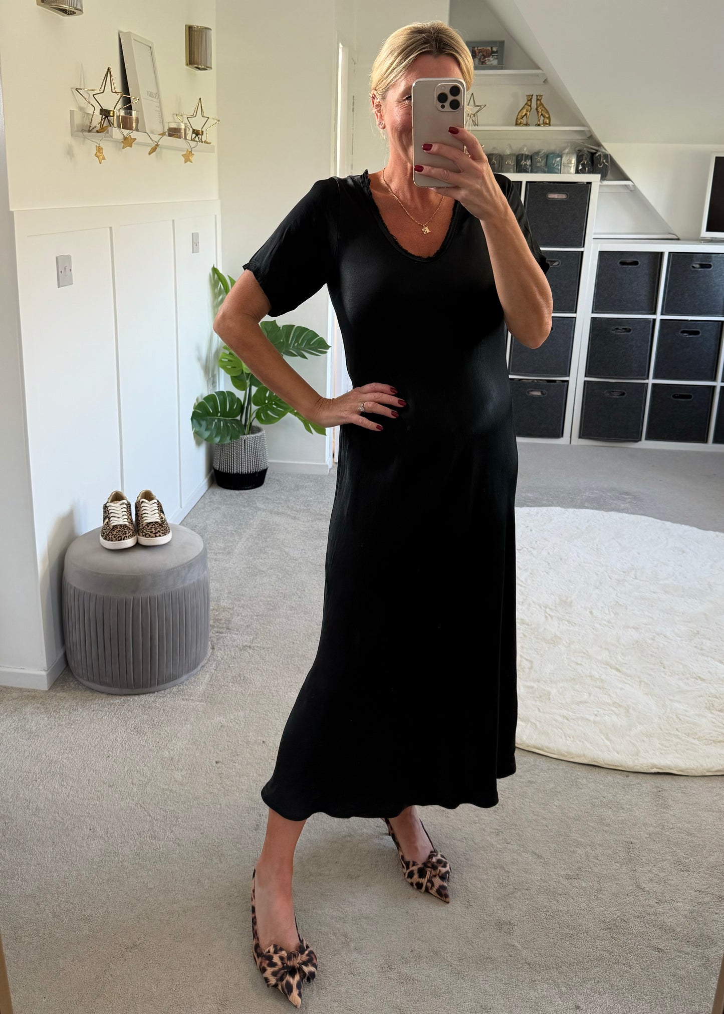 Silver Short Sleeve Satin Slip Dress