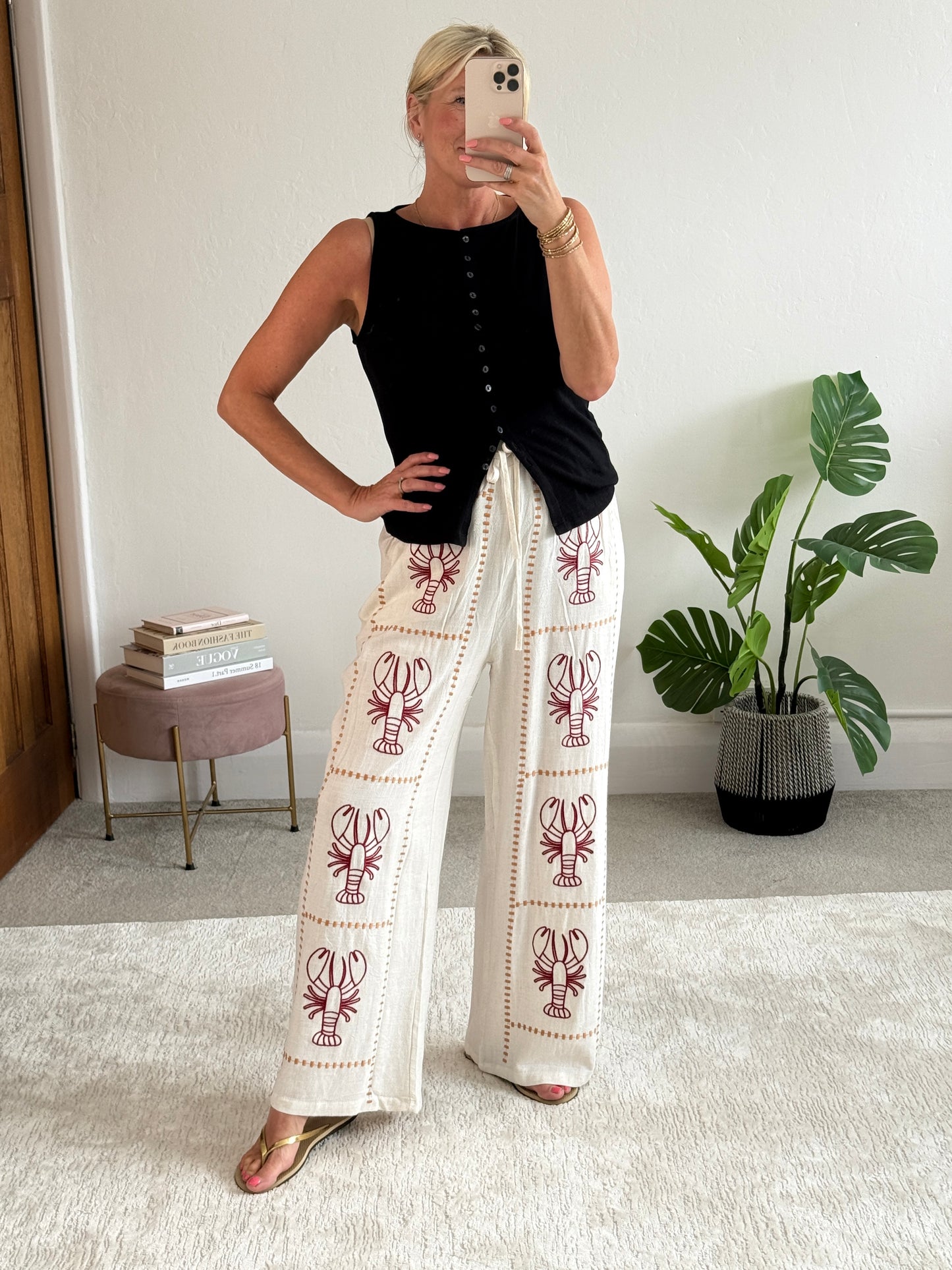Oatmeal 🦞 Lobster Embroidered Cotton Trousers