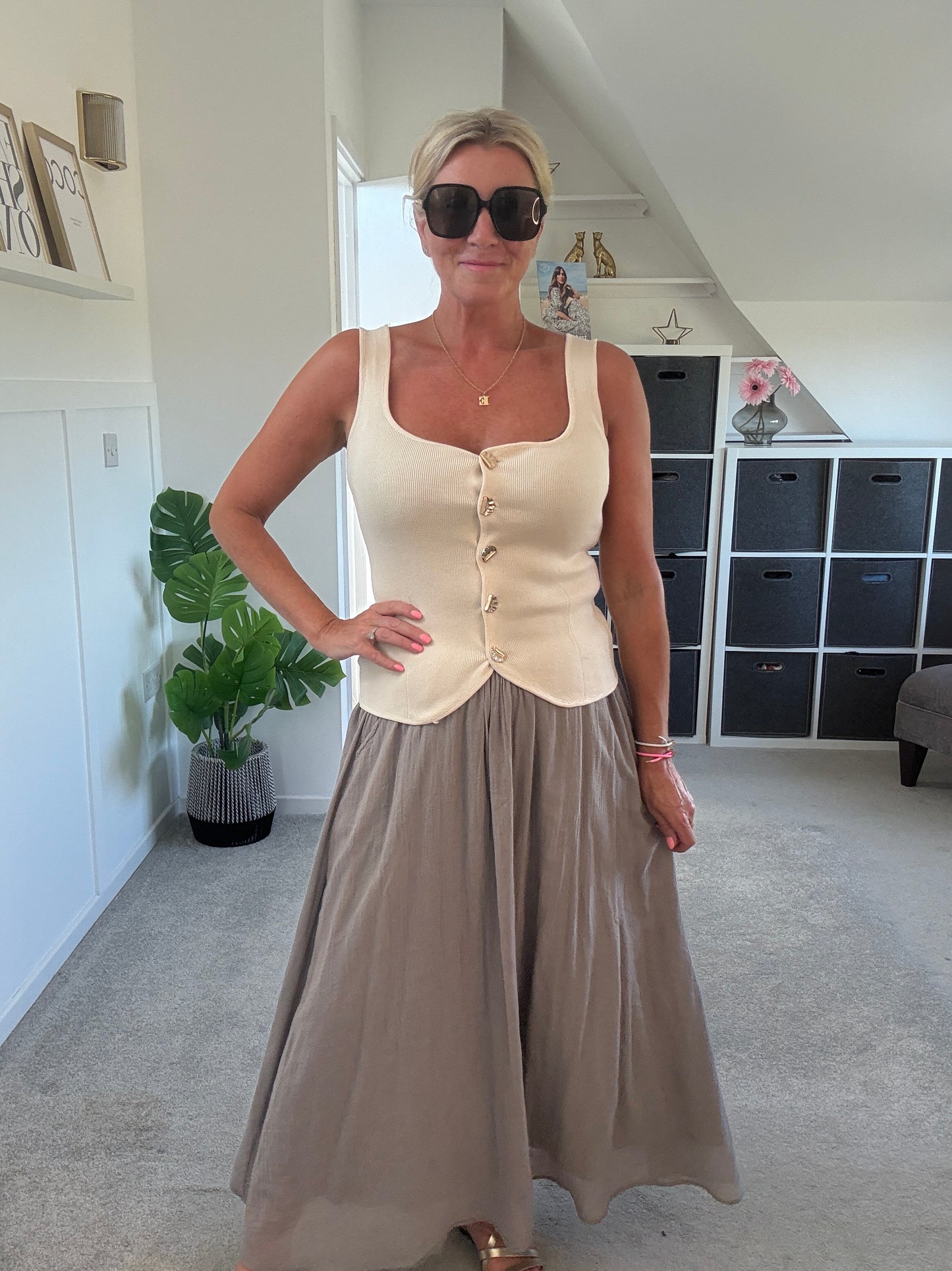 Stone Scoop Neck Gold Button Waistcoat
