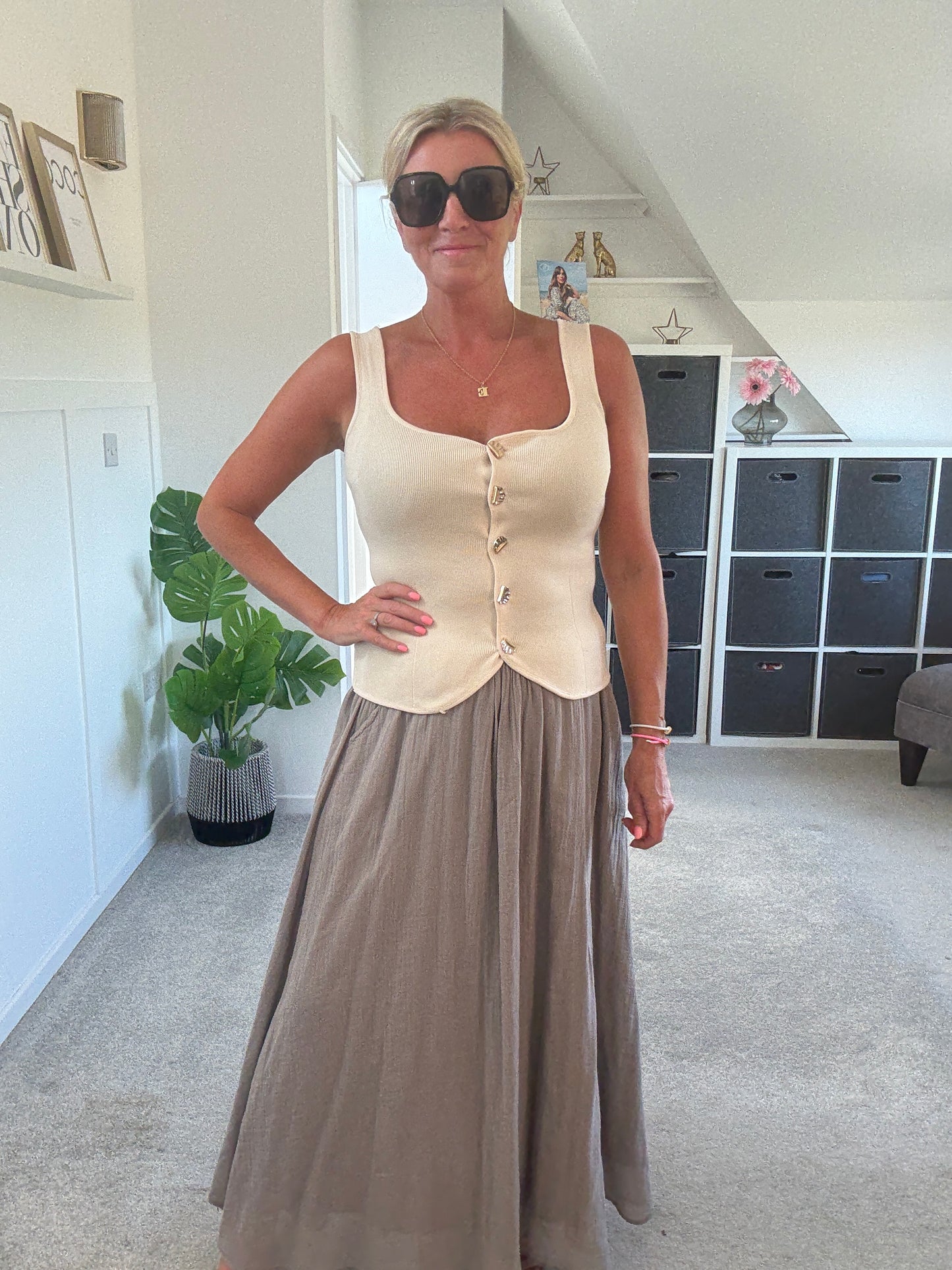 Stone Scoop Neck Gold Button Waistcoat