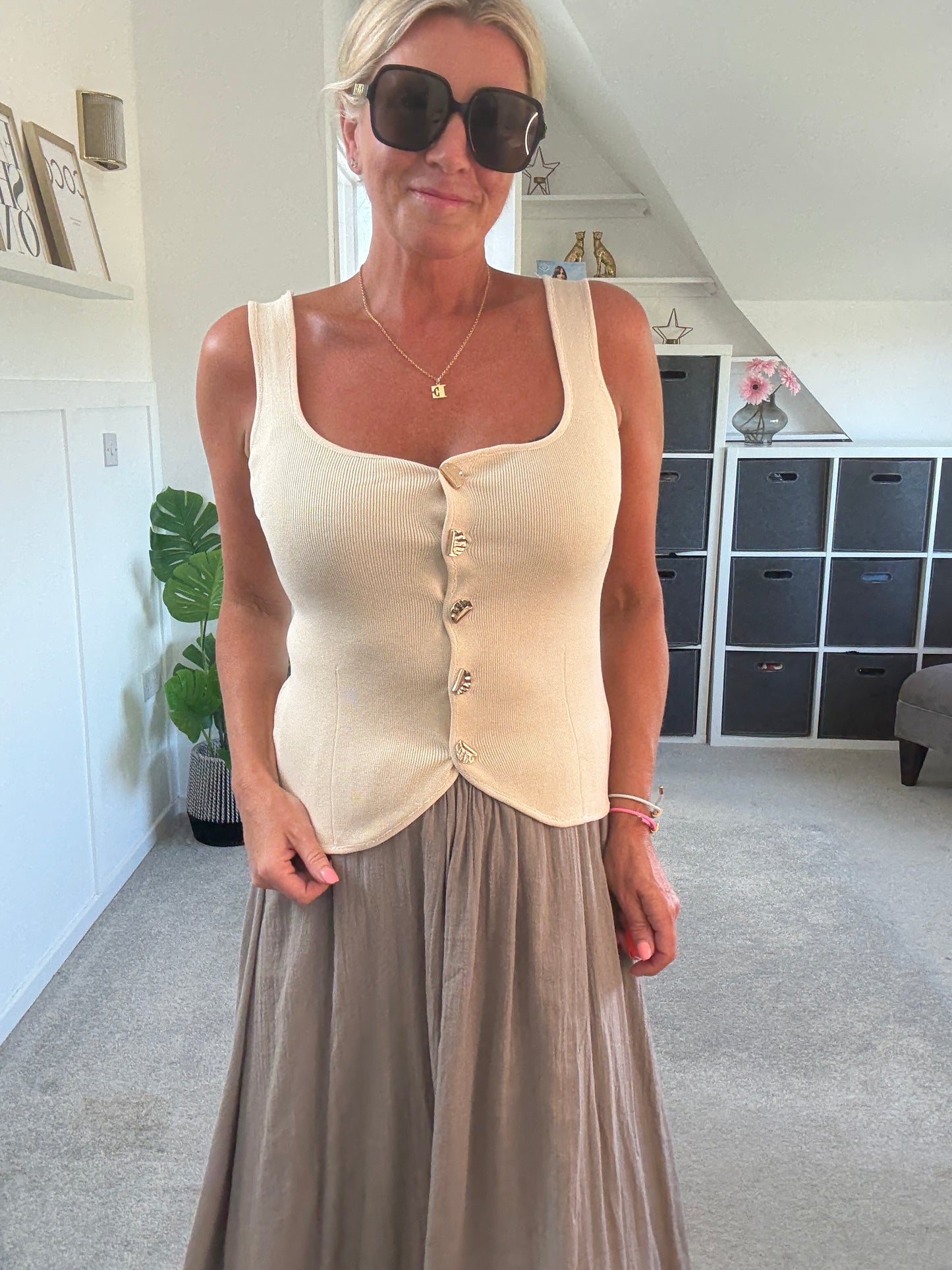 Stone Scoop Neck Gold Button Waistcoat