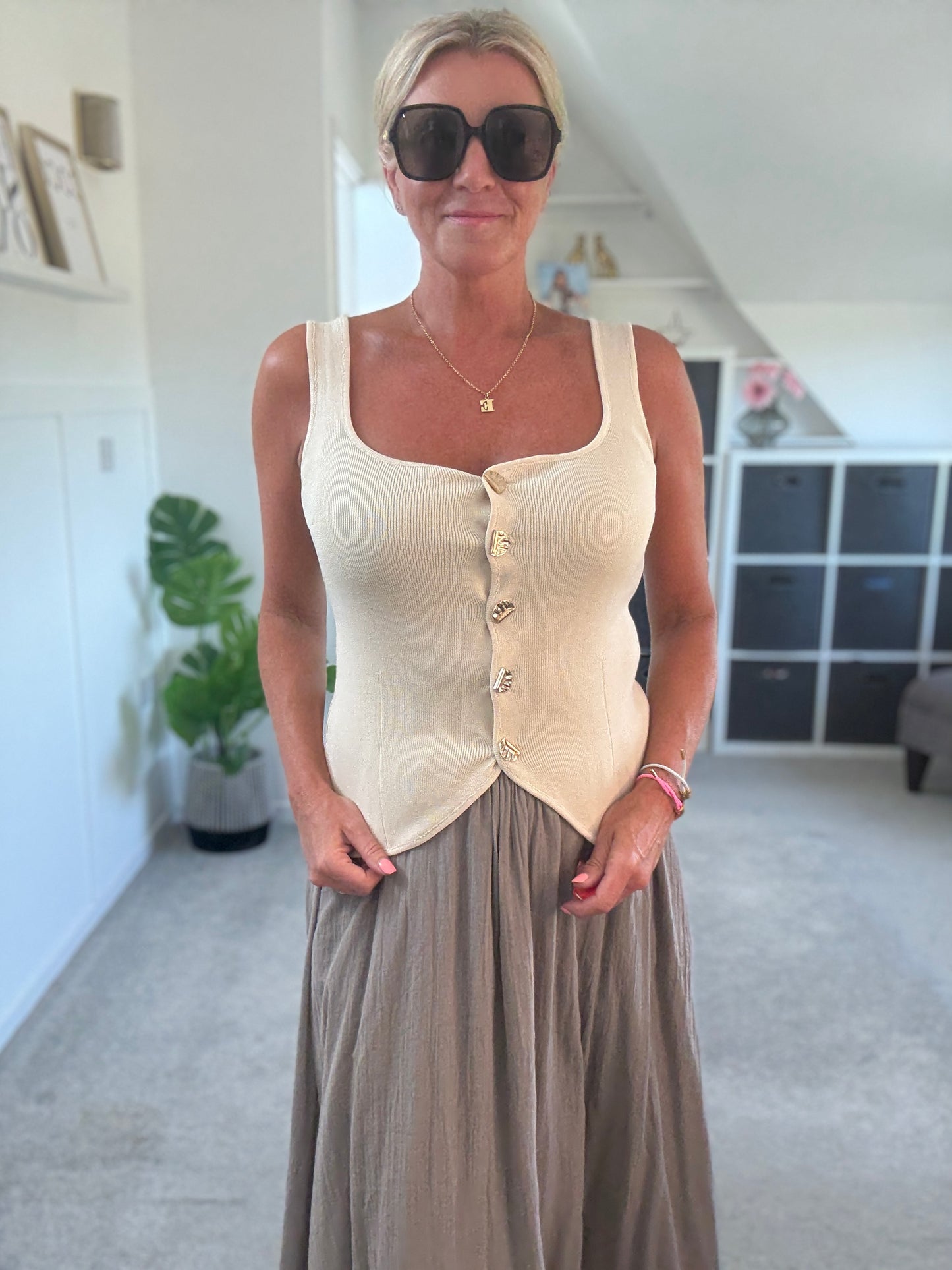 Stone Scoop Neck Gold Button Waistcoat