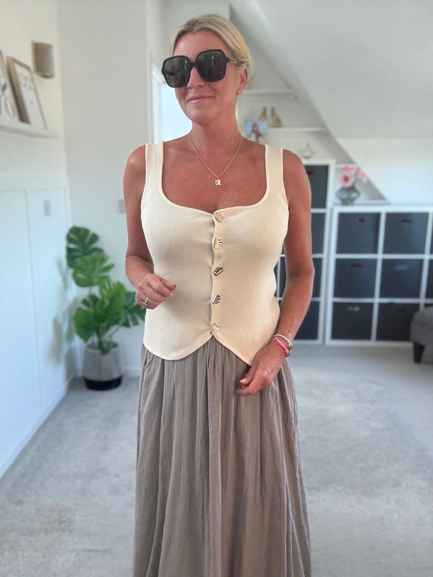 Stone Scoop Neck Gold Button Waistcoat