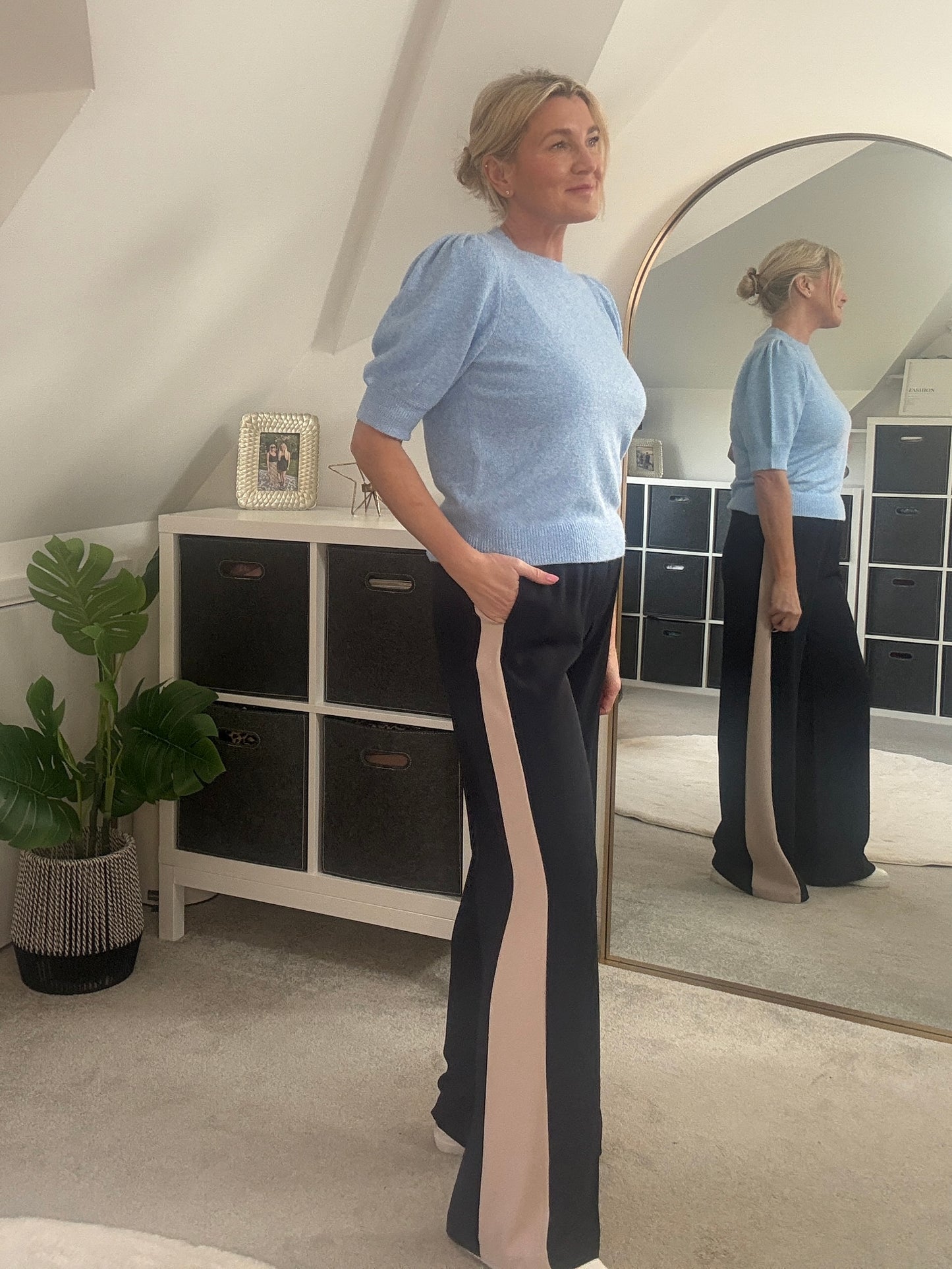 Navy/Beige Stripe Wide Leg Trousers