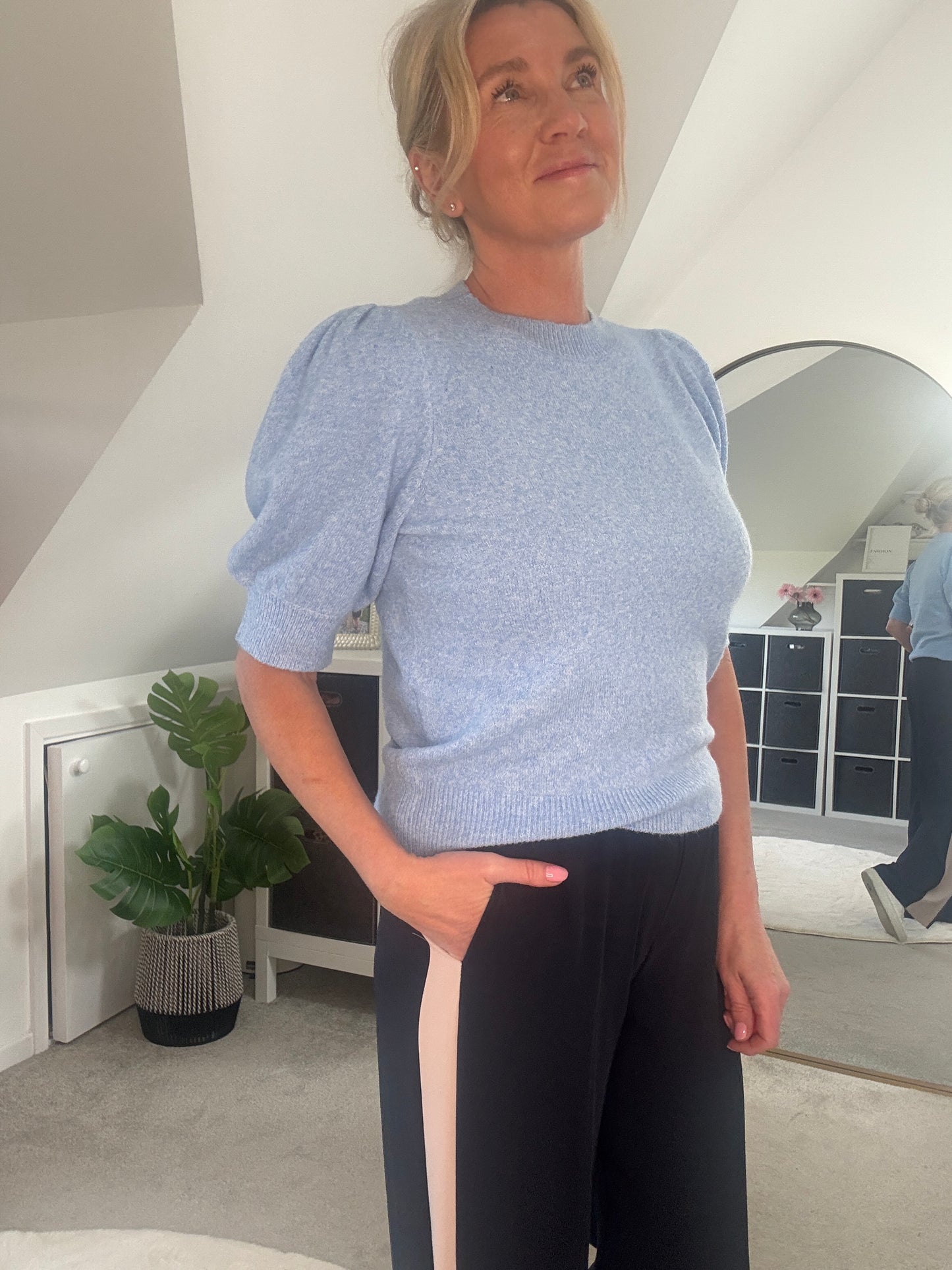 Navy/Beige Stripe Wide Leg Trousers