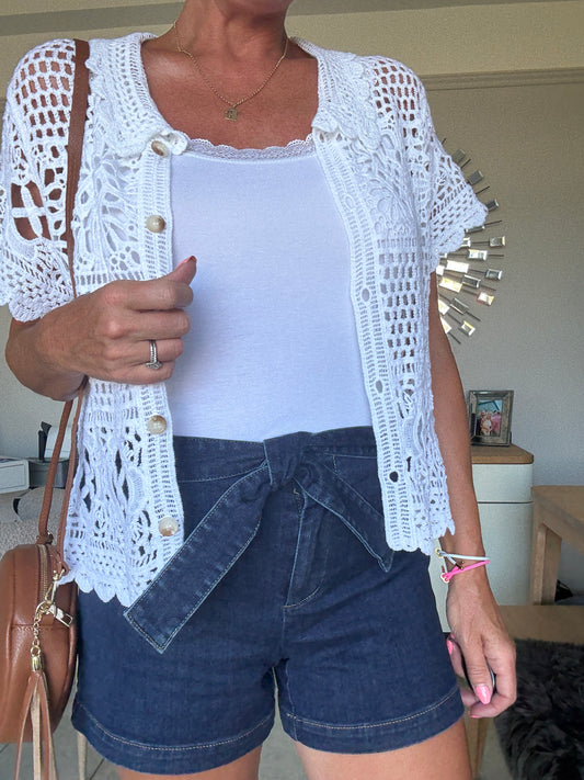 Madison Dark Blue Tie Belt Denim Shorts