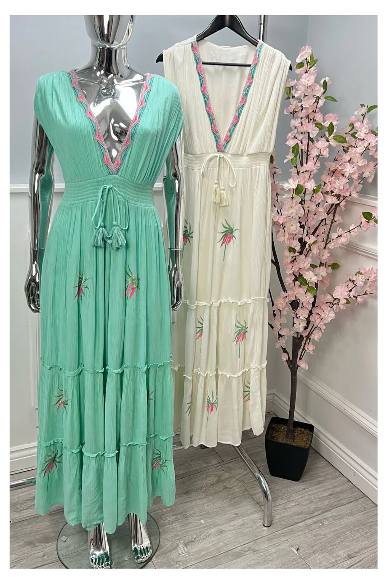 White Embroidered V Neck Grecian Maxi Dress