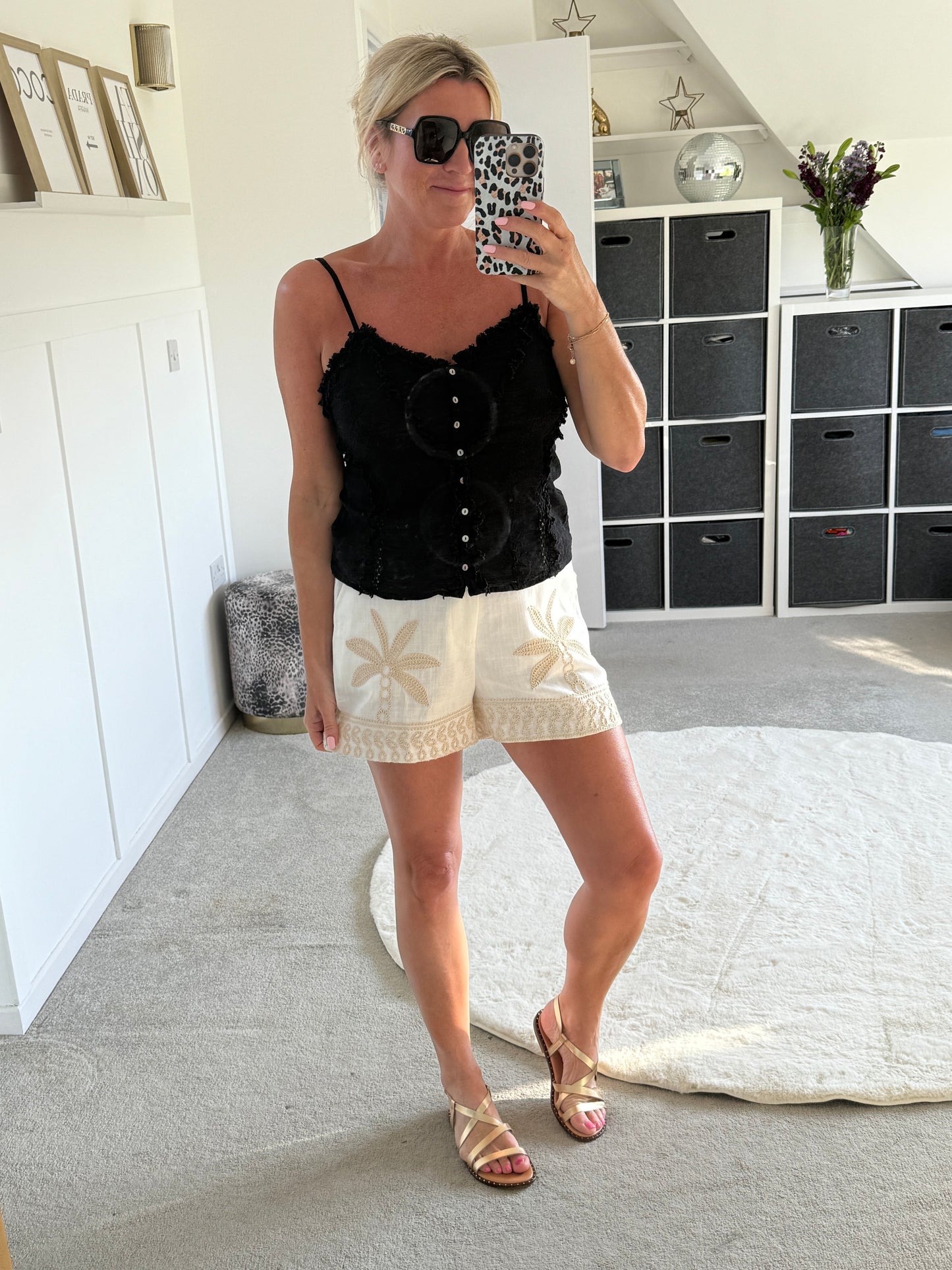 Cream Palm Tree Crochet Linen Mix Shorts