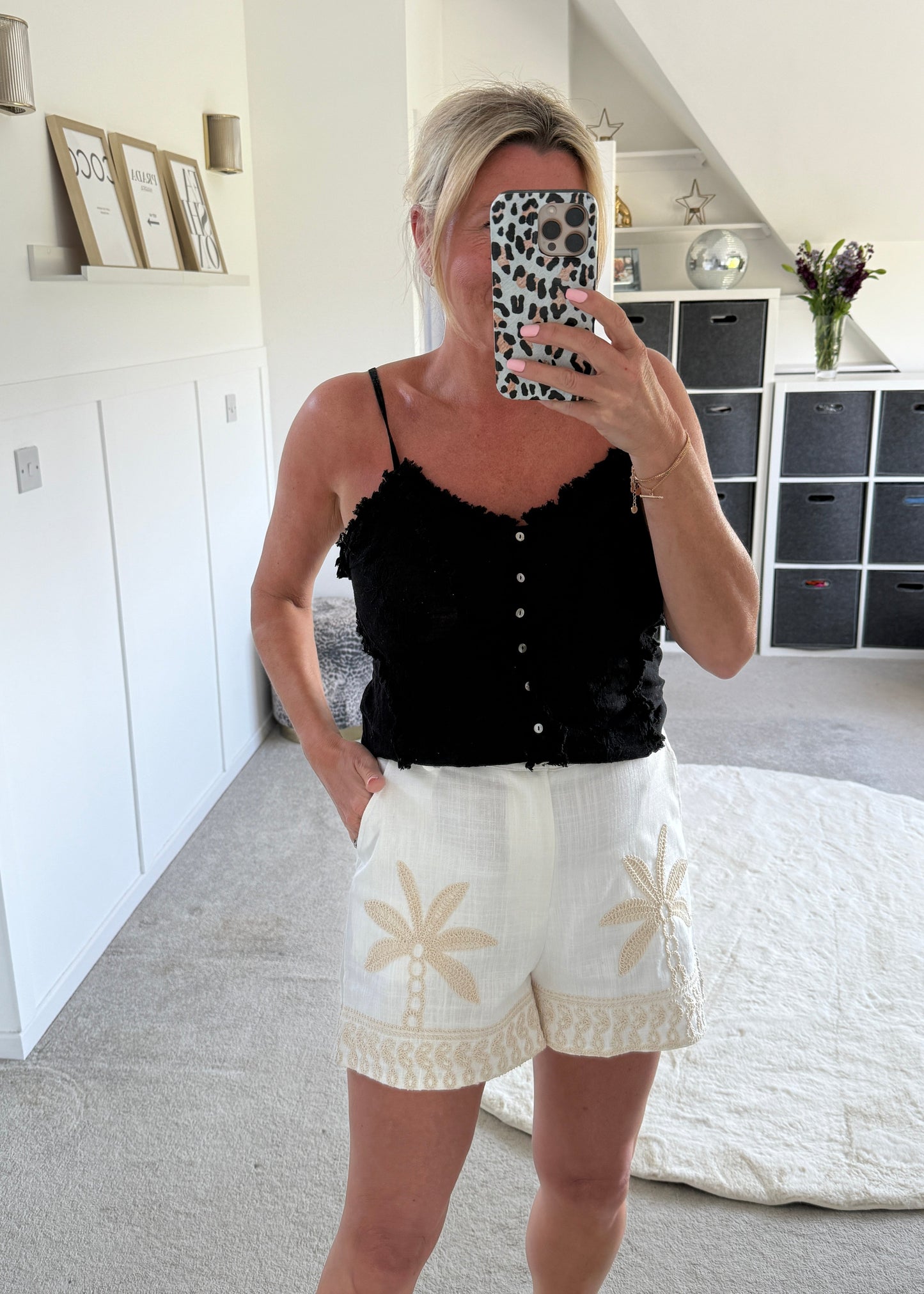 Cream Palm Tree Crochet Linen Mix Shorts