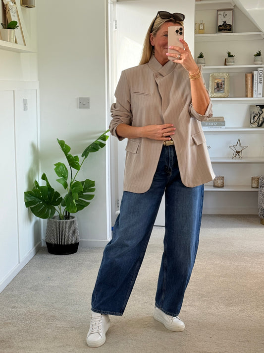 Taupe Single Button Pinstripe Blazer