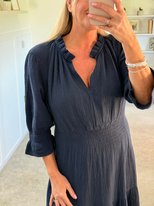 Navy Cotton Cheesecloth V-Neck Tiered Dress