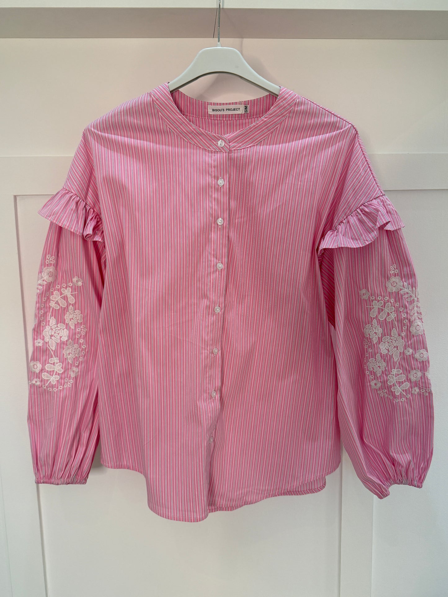 Blue Pinstripe Embroidered Sleeve Shirt