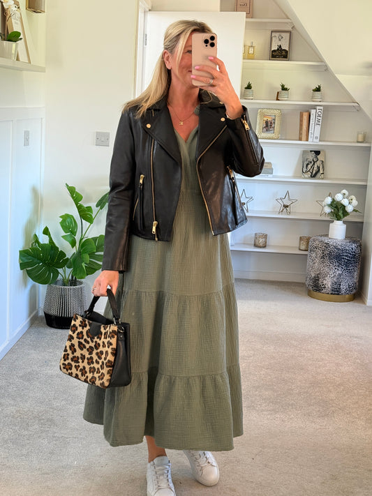 Khaki Cotton Cheesecloth V-Neck Tiered Dress