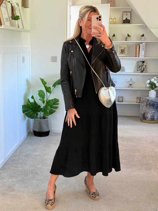 Black Cotton Cheesecloth V-Neck Tiered Dress