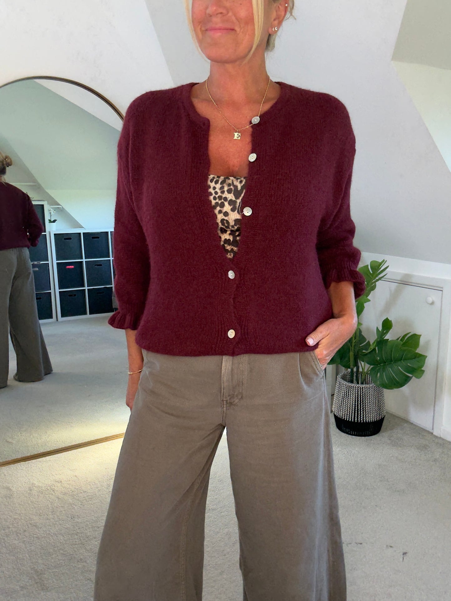 Burgundy Alpaca Mix Frill Sleeve Cardigan