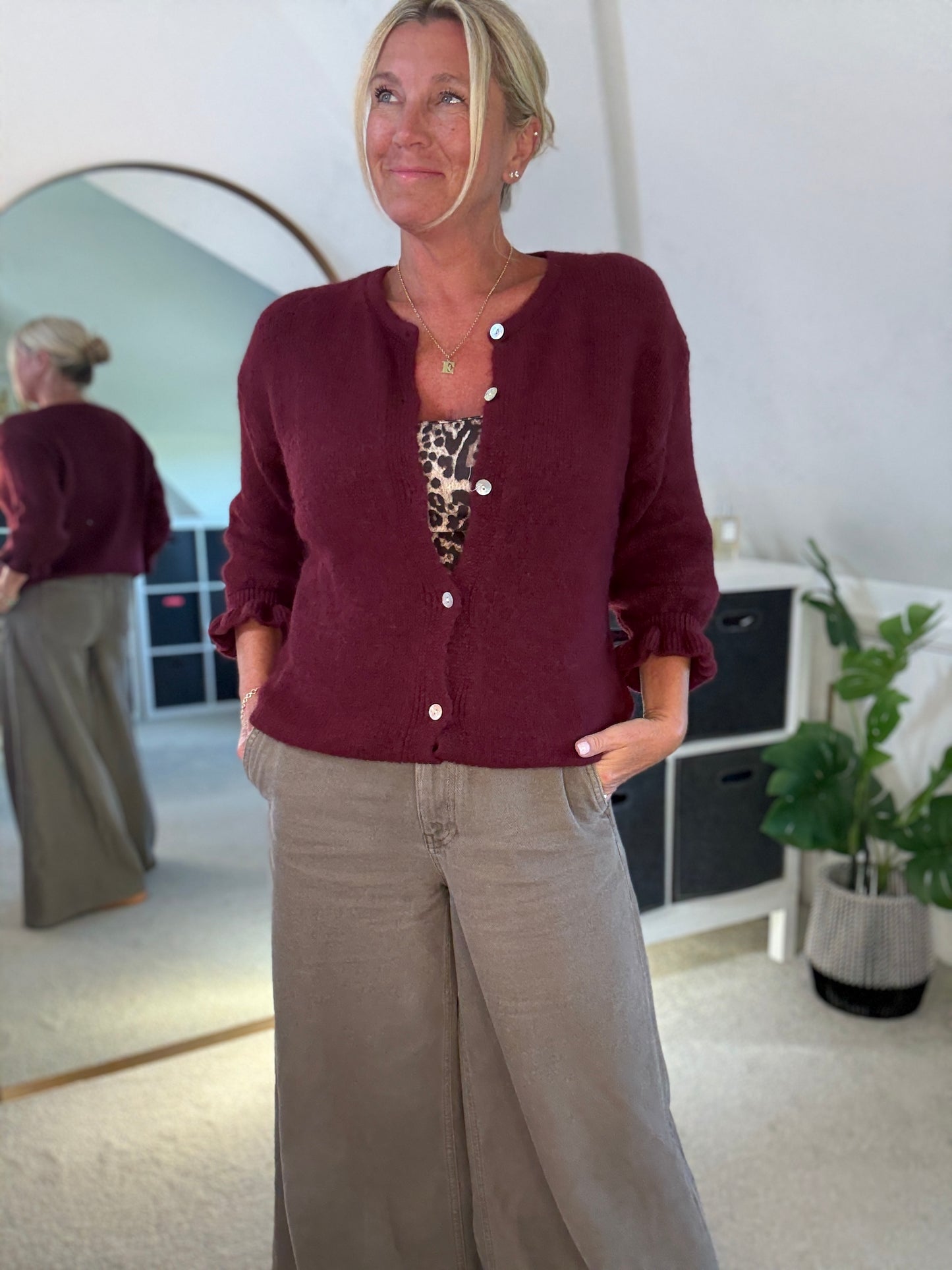Burgundy Alpaca Mix Frill Sleeve Cardigan