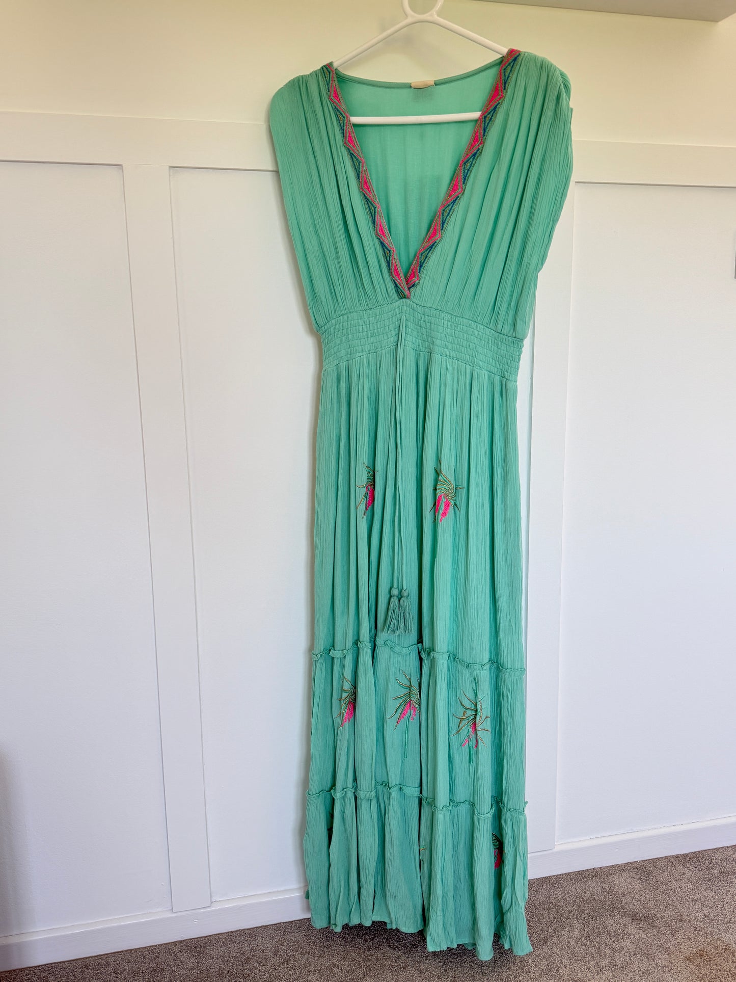 White Embroidered V Neck Grecian Maxi Dress