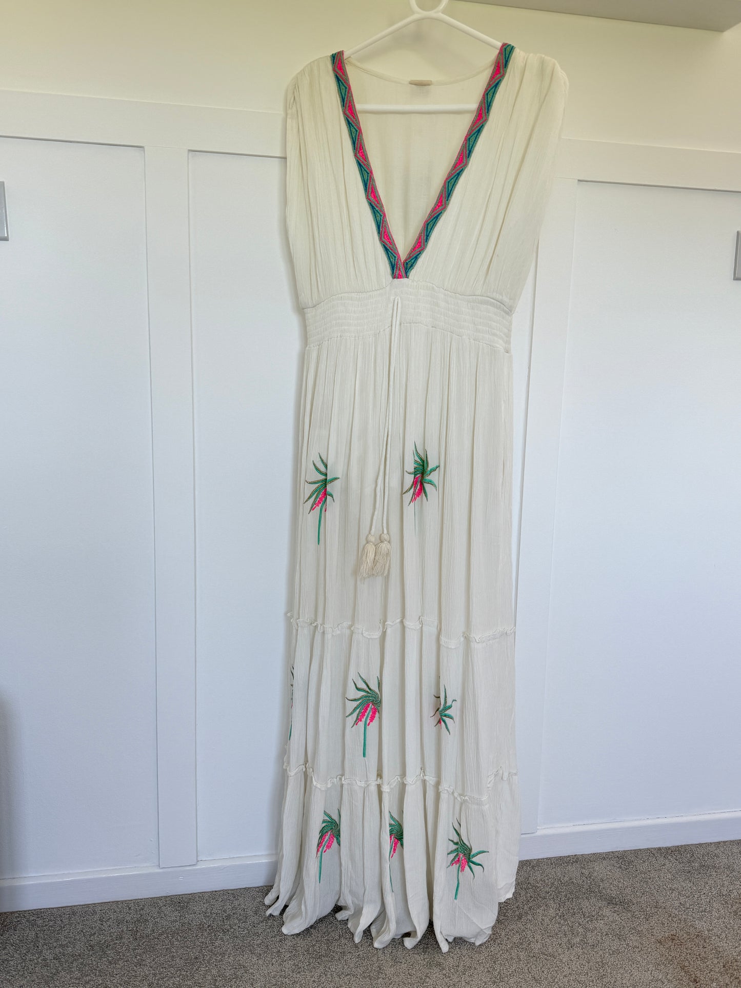 White Embroidered V Neck Grecian Maxi Dress