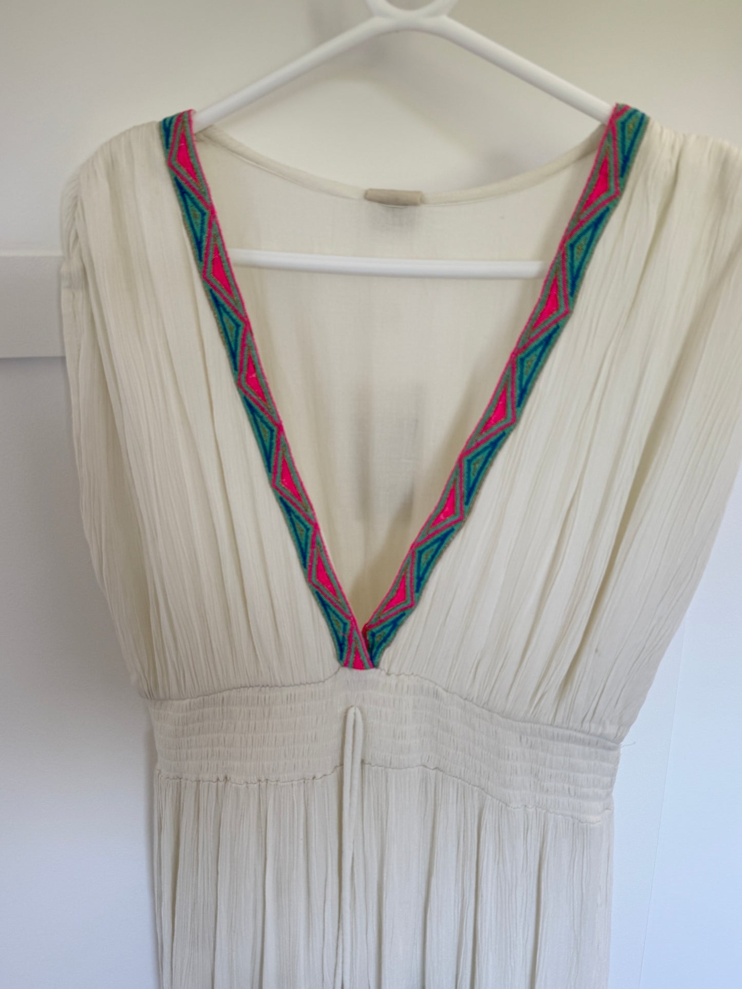 White Embroidered V Neck Grecian Maxi Dress