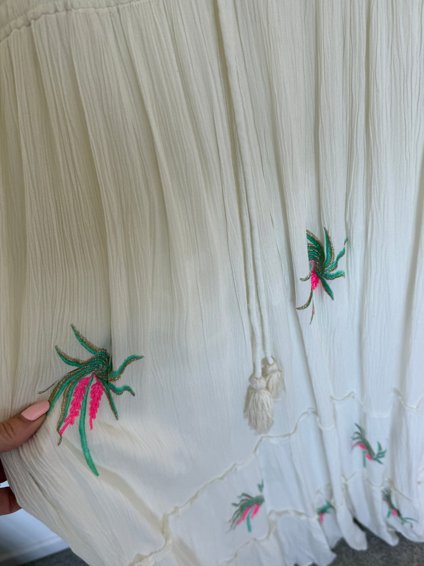 White Embroidered V Neck Grecian Maxi Dress