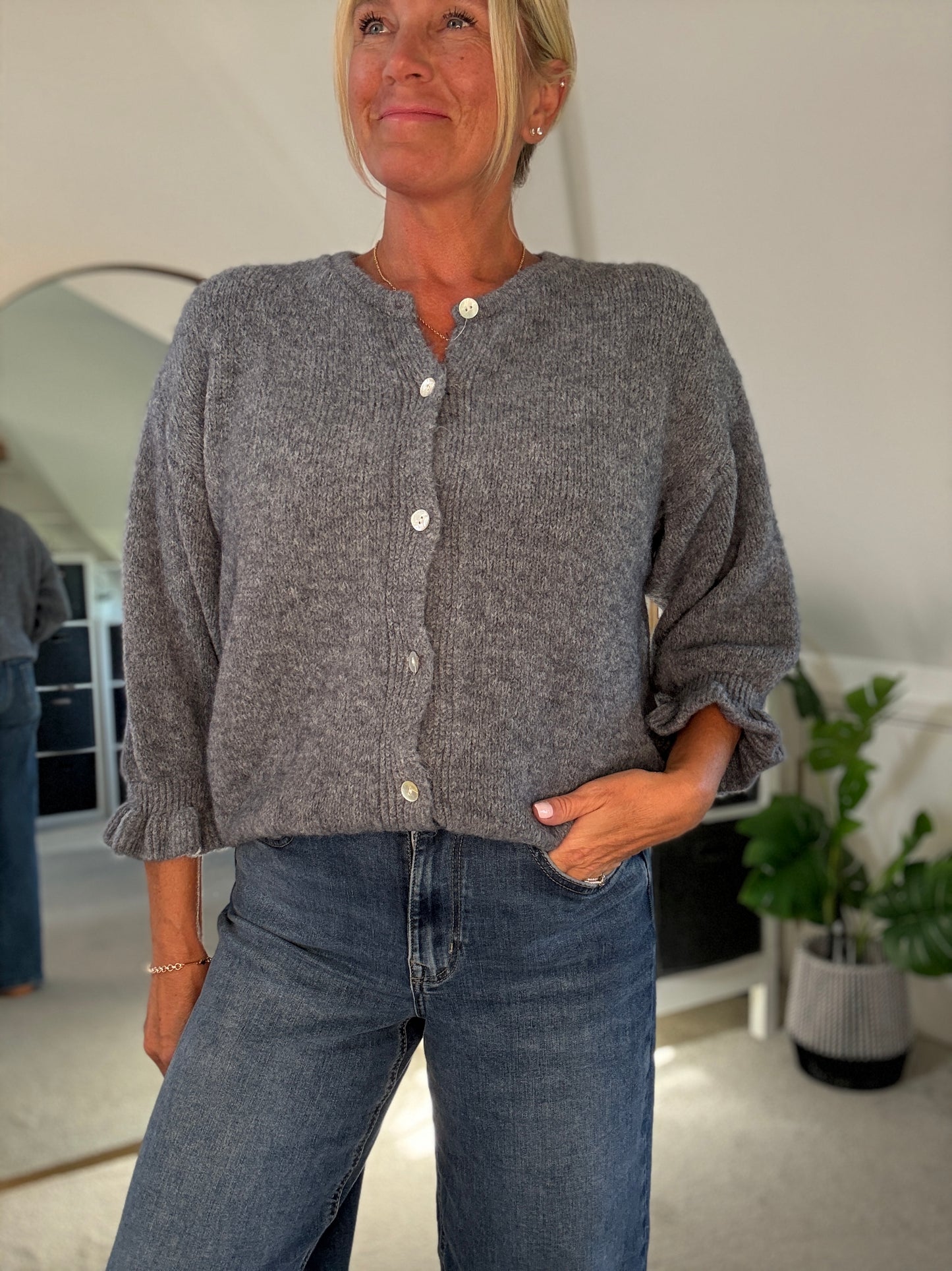 Grey Alpaca Mix Frill Sleeve Cardigan