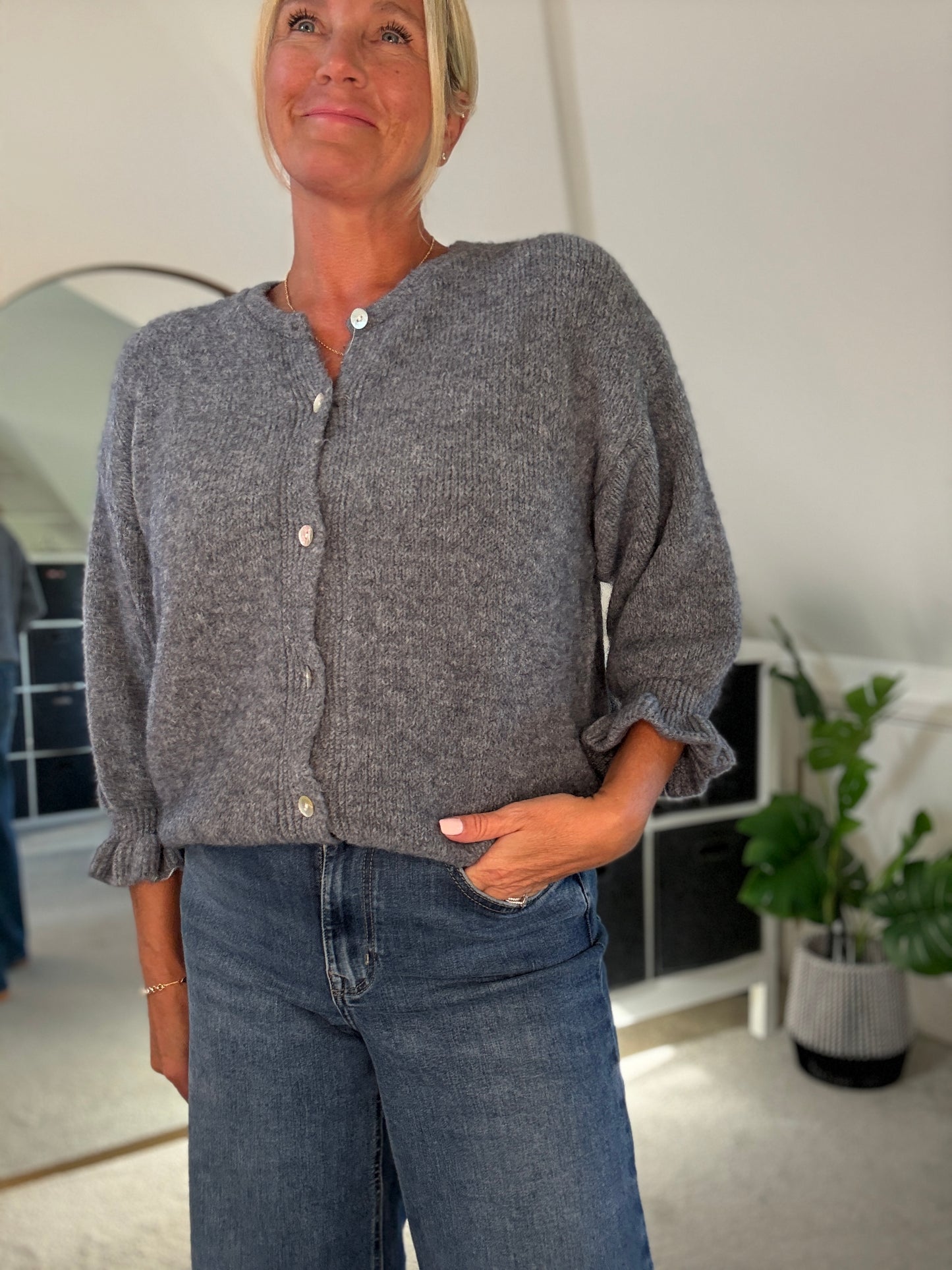Grey Alpaca Mix Frill Sleeve Cardigan