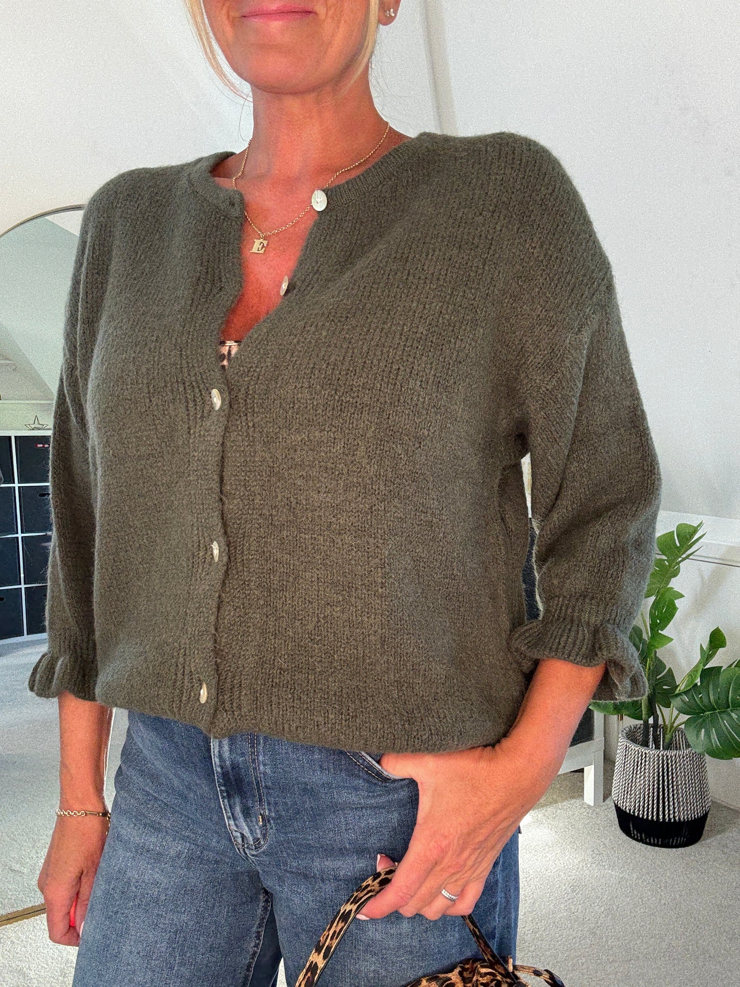 Khaki Alpaca Mix Frill Sleeve Cardigan