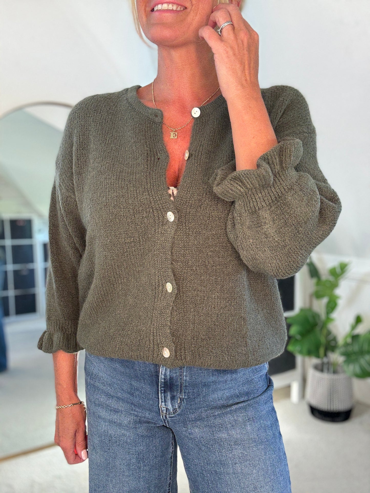 Khaki Alpaca Mix Frill Sleeve Cardigan