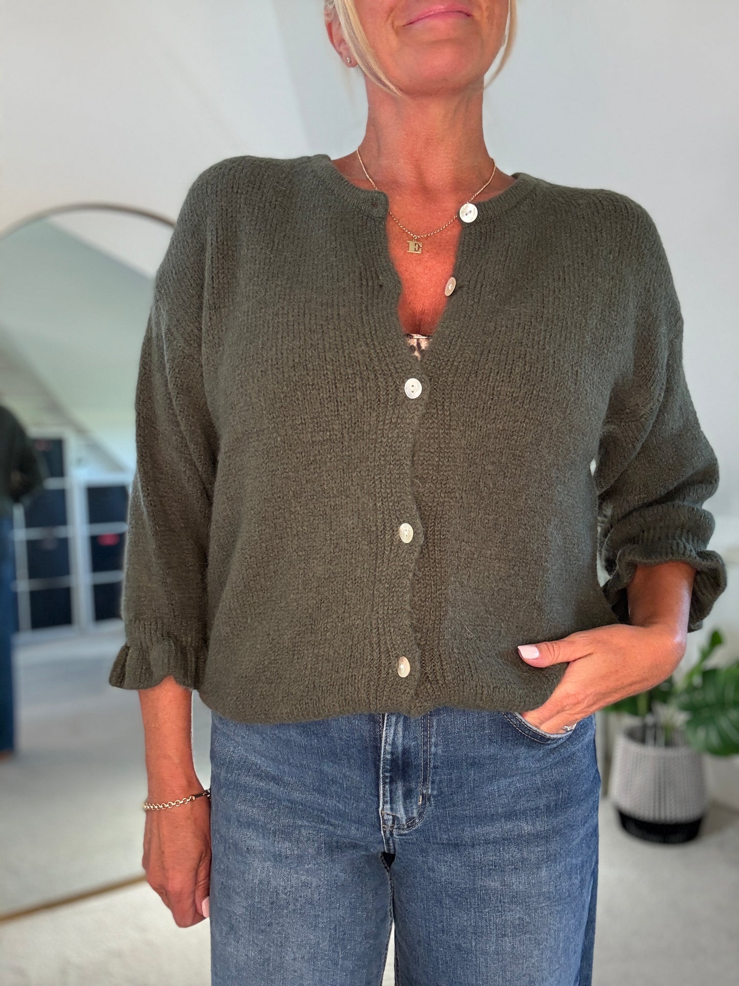 Khaki Alpaca Mix Frill Sleeve Cardigan