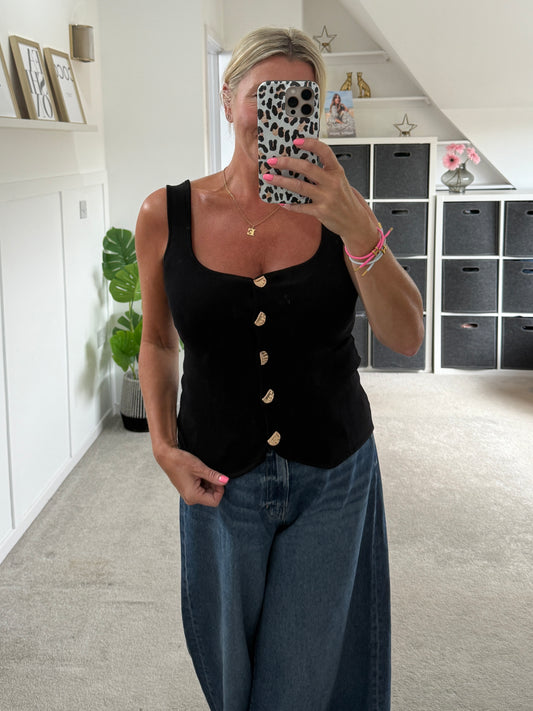 Black Scoop Neck Gold Button Waistcoat