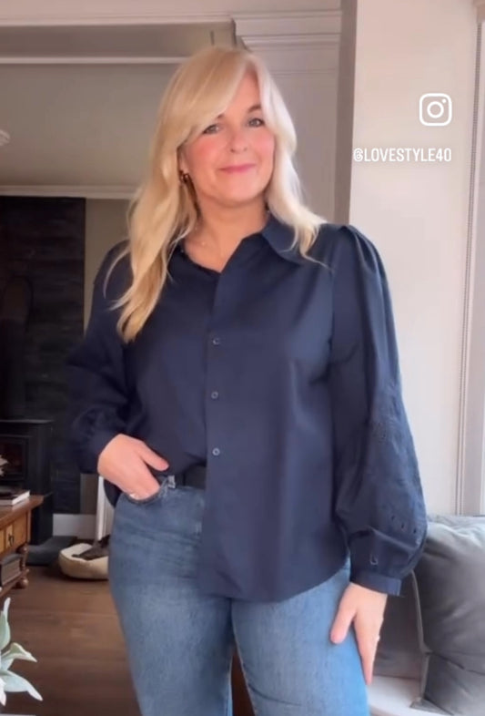Navy Embroidery Anglaise Sleeve Blouse